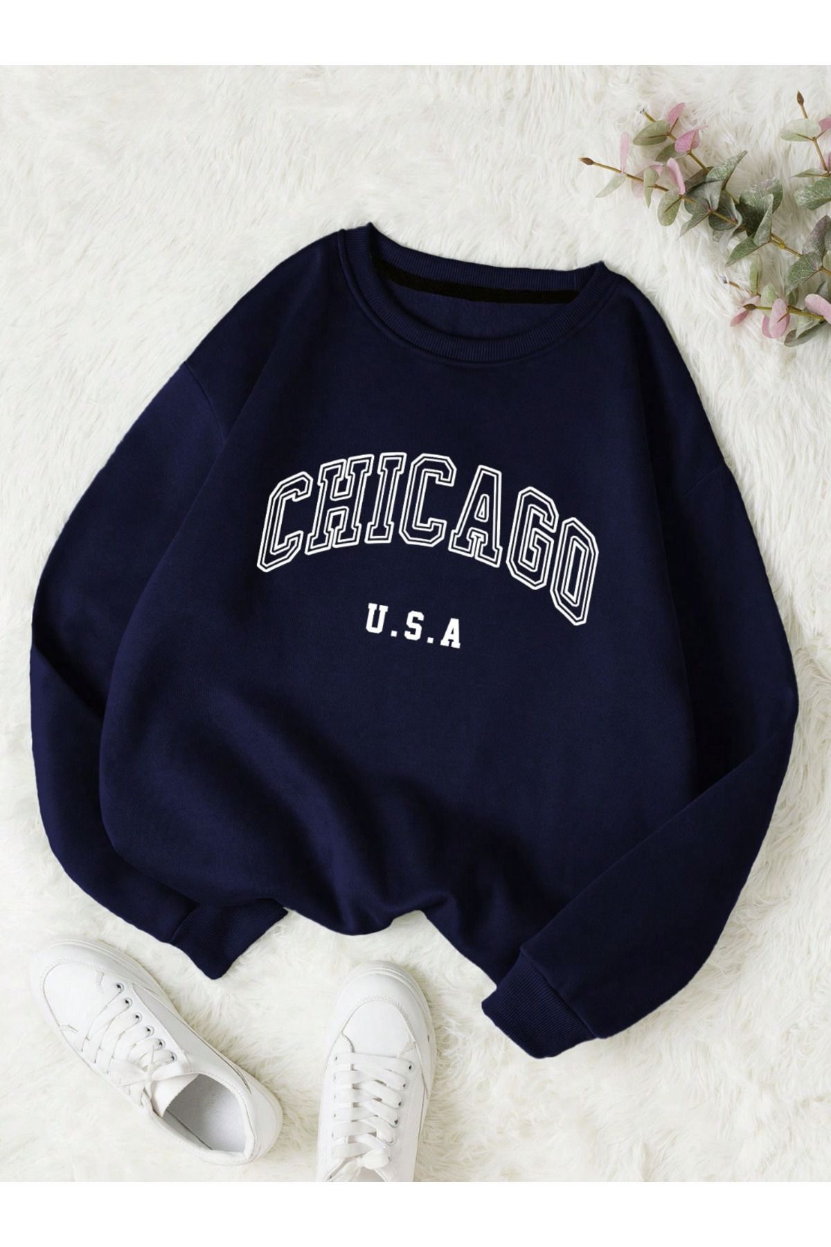 COHERENT Unisex Kadın/Erkek CHICAGO Özel Renkli Oversize Bisiklet Yaka Pamuklu Sweatshirt