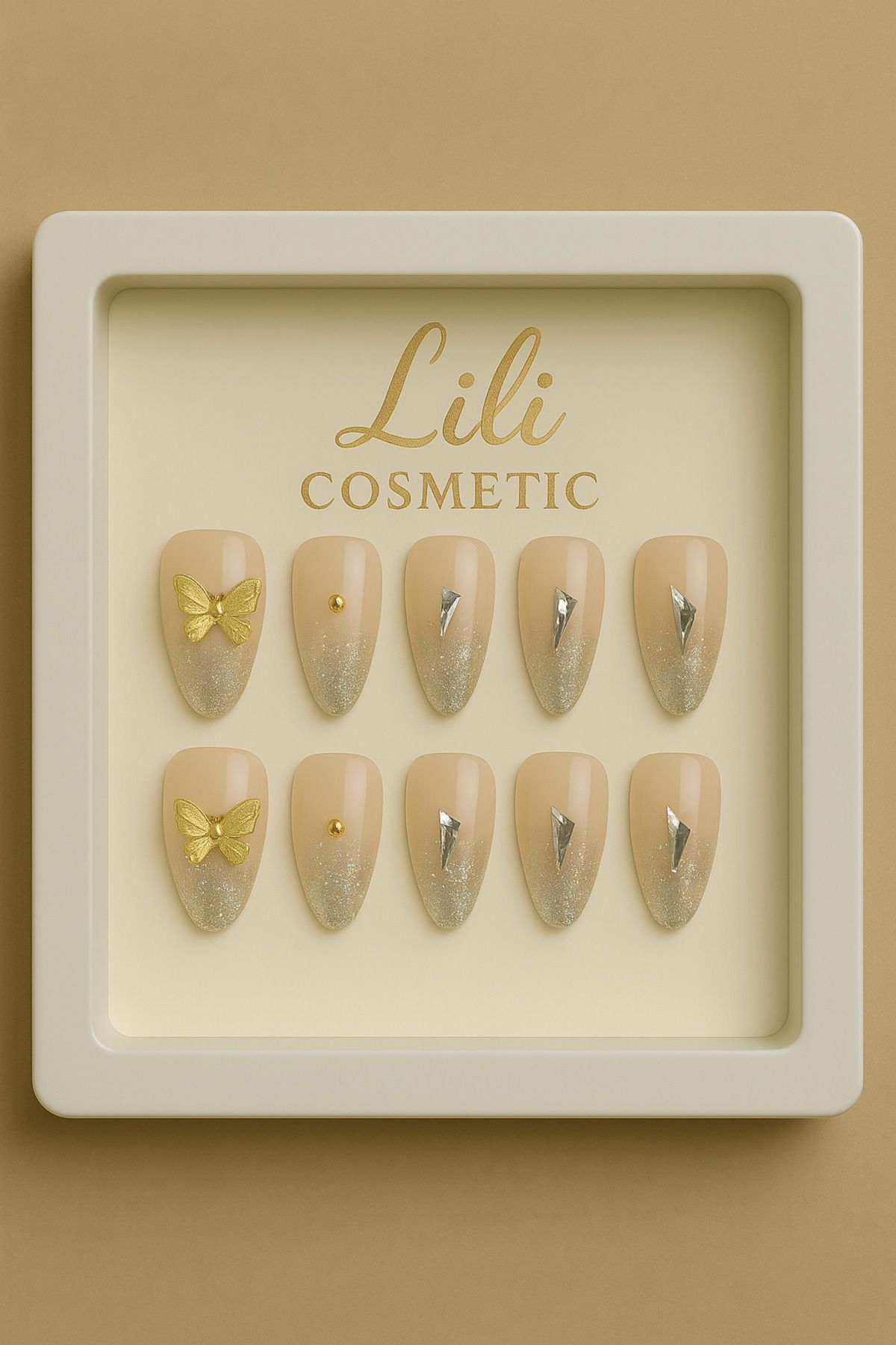 Lili Cosmetic Lüx Taşlı 5D Kelebek Motifli Gri Simli Uçlu Takma Tırnak Kendinden Yapışkanlı 12li