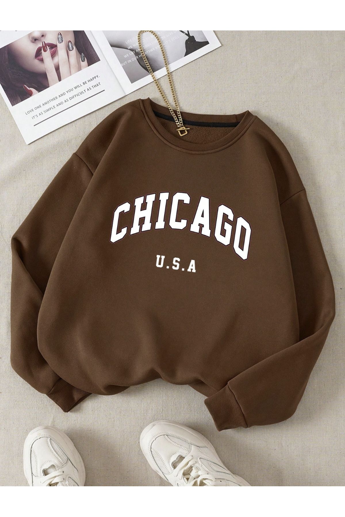 COHERENT Unisex Kadın/Erkek CHICAGO Özel Renkli Oversize Bisiklet Yaka Pamuklu Sweatshirt