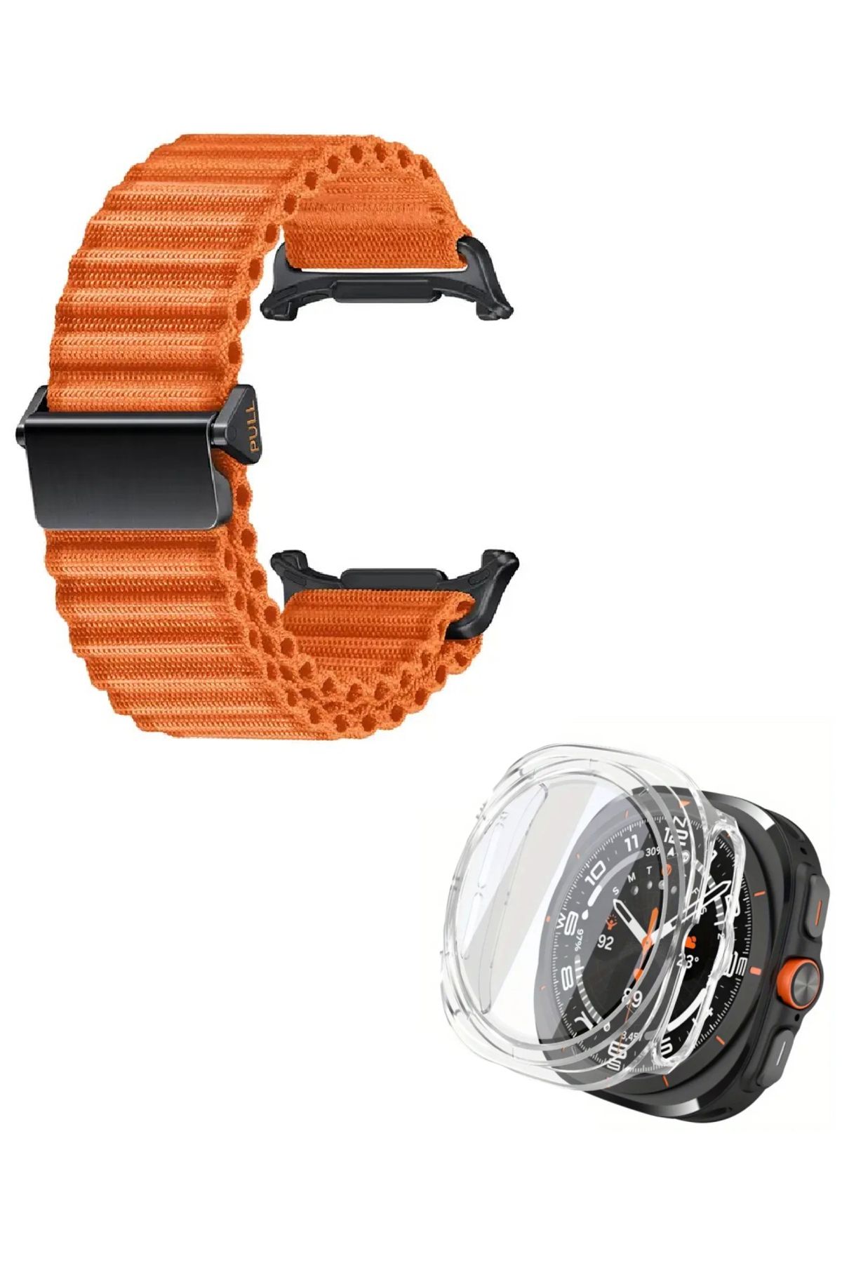 NANOSPACE Samsung Galaxy Watch Ultra İle Uyumlu Kumaş Tokalı Hasır Kordon Kayış Ve Kasa Kılıf Hediye