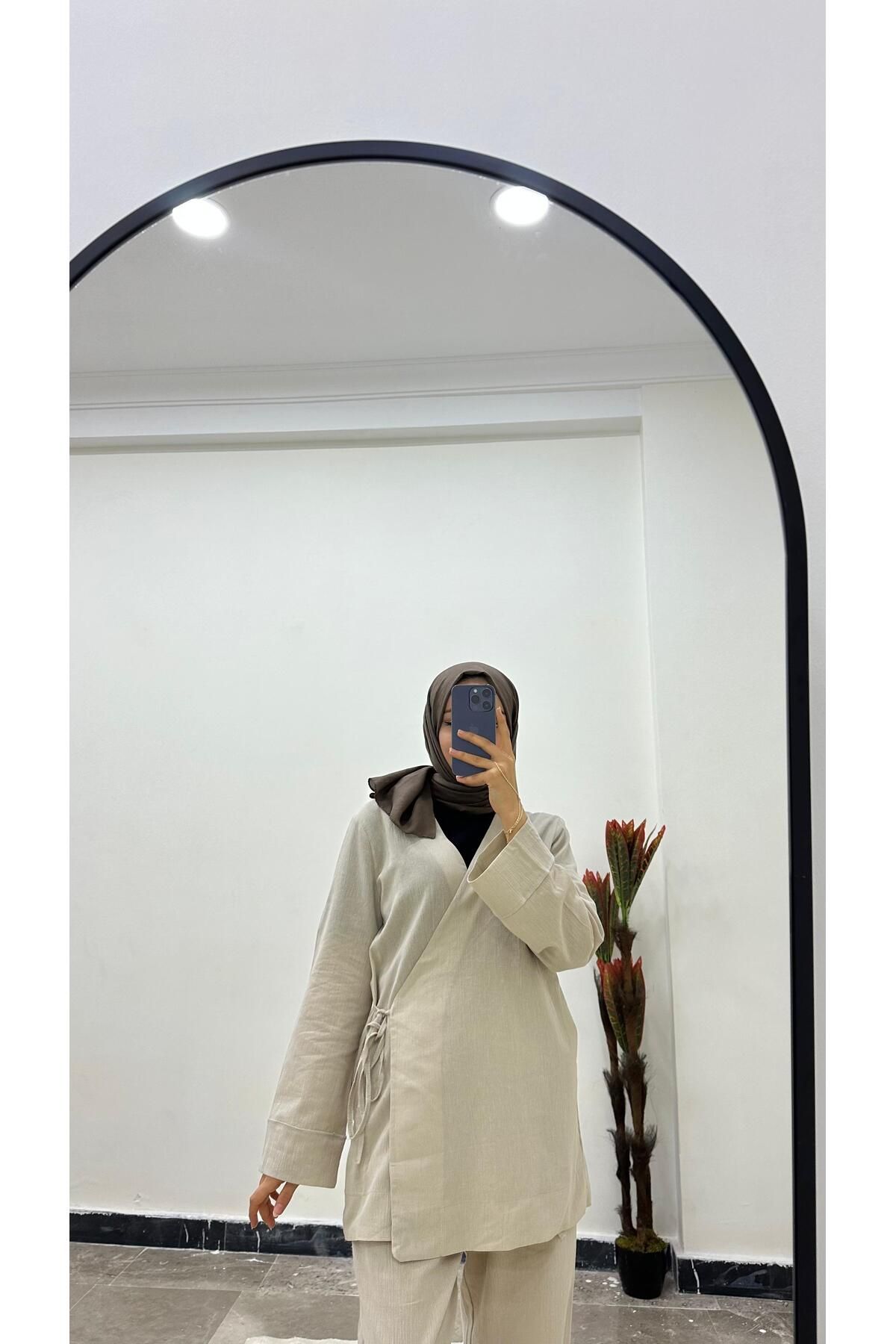 MODA Kruvaze Bağlamalı Keten Takım – Krem