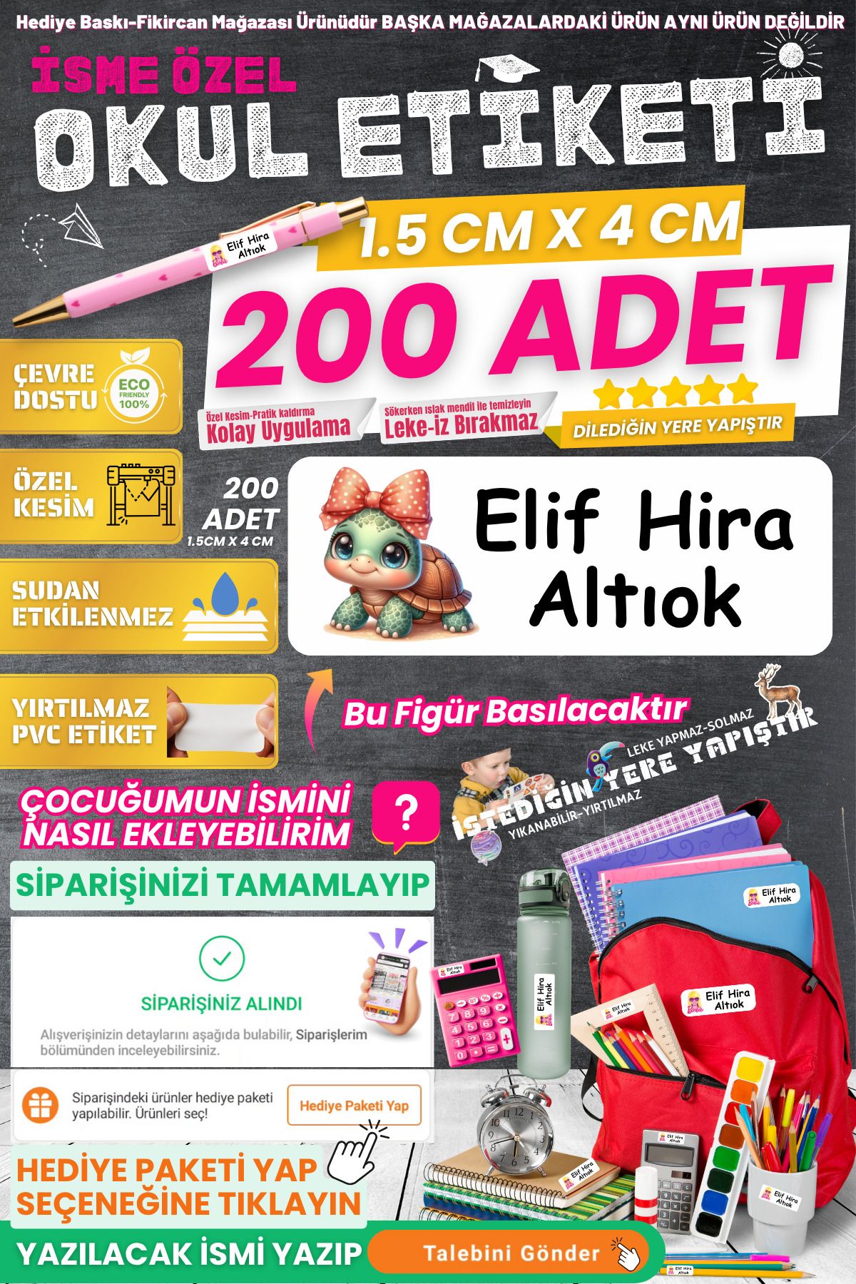 FİKİRCAN Fikircan-İsme Özel Okul Etiketi-SEVİMLİ KAPLUMBAĞA 200 Adet - Kokusuz Ekolojik Mürekkep PVC ETİKET