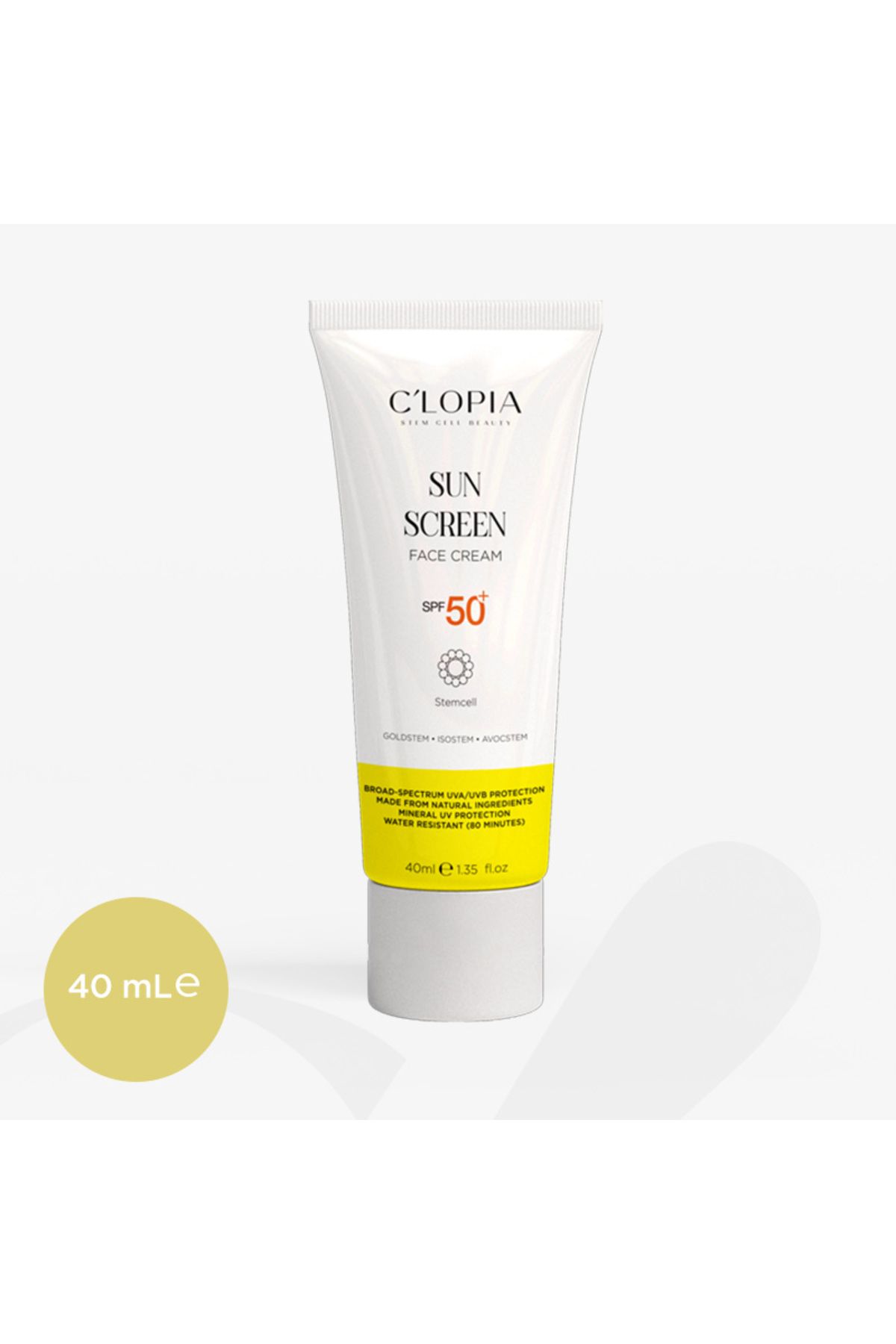 C'LOPIA BEAUTY Yüz Güneş Kremi SPF 50+ UVA & UVB Koruma Bitkisel Kök Hücre Mineral Filtre Zinc Oxide