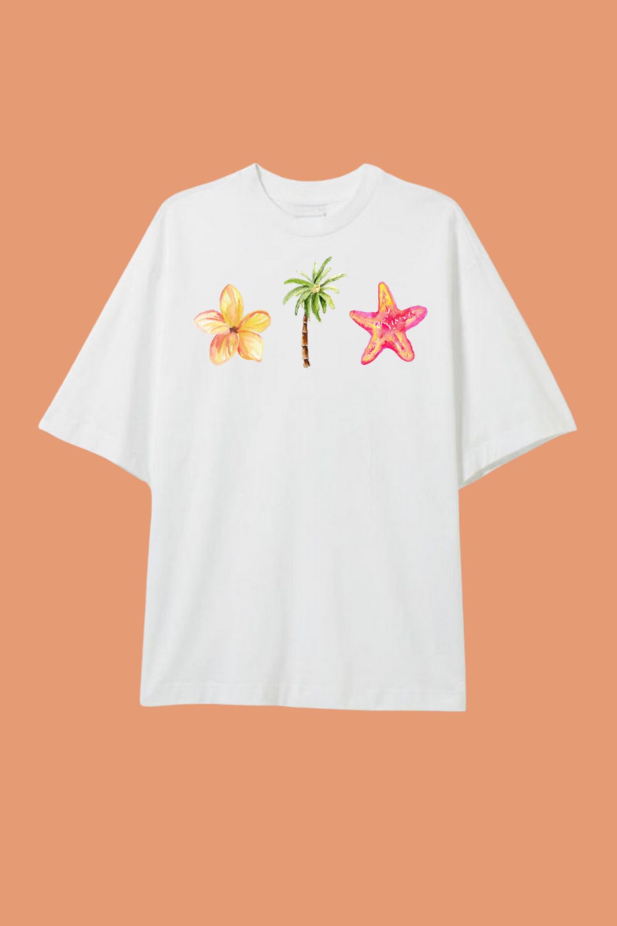Dupe Design Palmiye Baskılı Overize Beyaz T-shirt