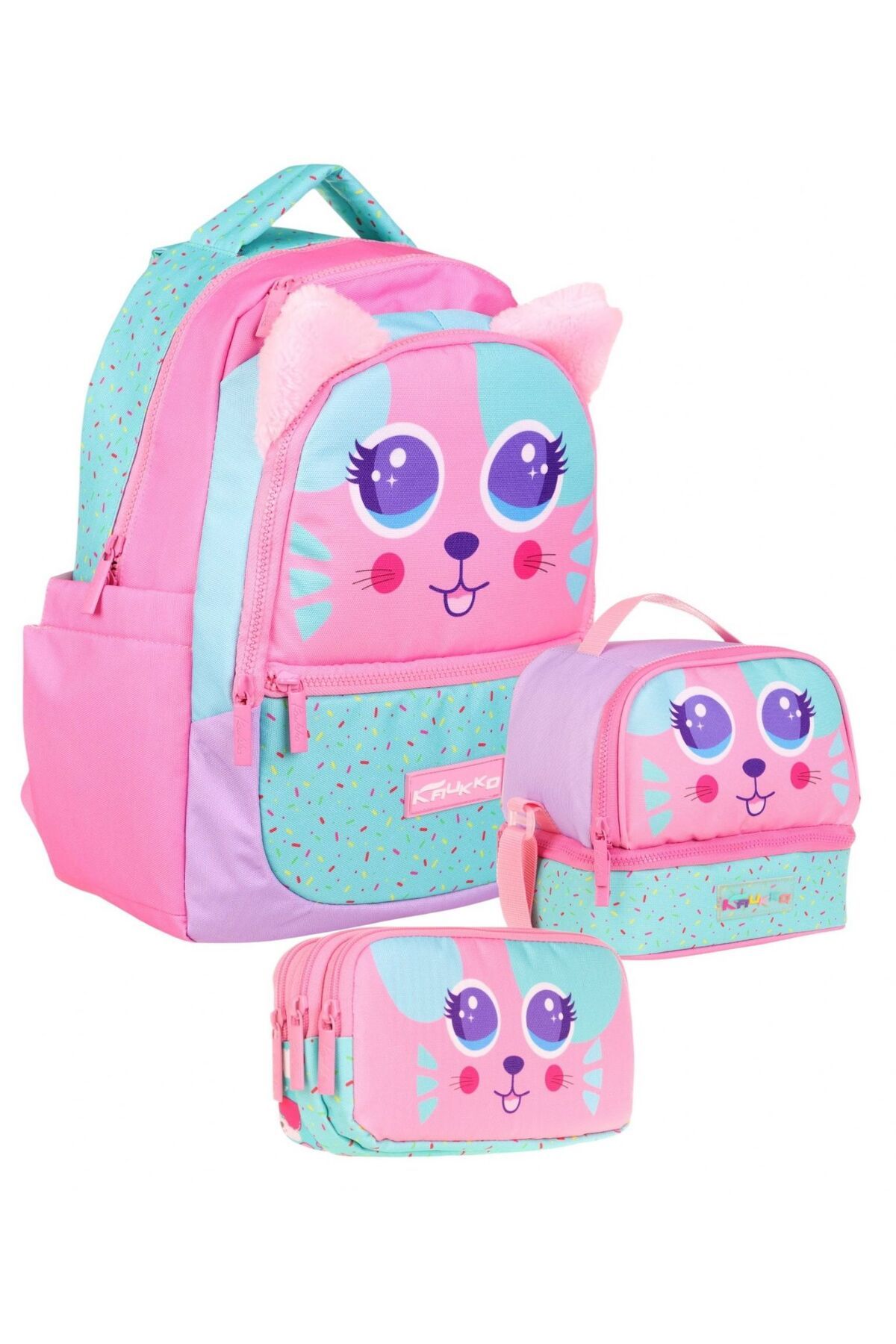 KAUKKO Kız Çocuk Üçlü İlkokul 1.2.3.4. Sınıf Okul Çanta Seti - Sevimli Kedi Şekilli - Pembe Yeşil