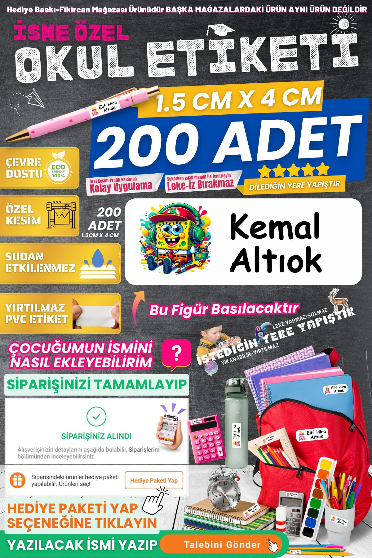 FİKİRCAN Fikircan-İsme Özel Okul Etiketi-SÜNGER BOB 200 Adet - Kokusuz Ekolojik Mürekkep PVC ETİKET