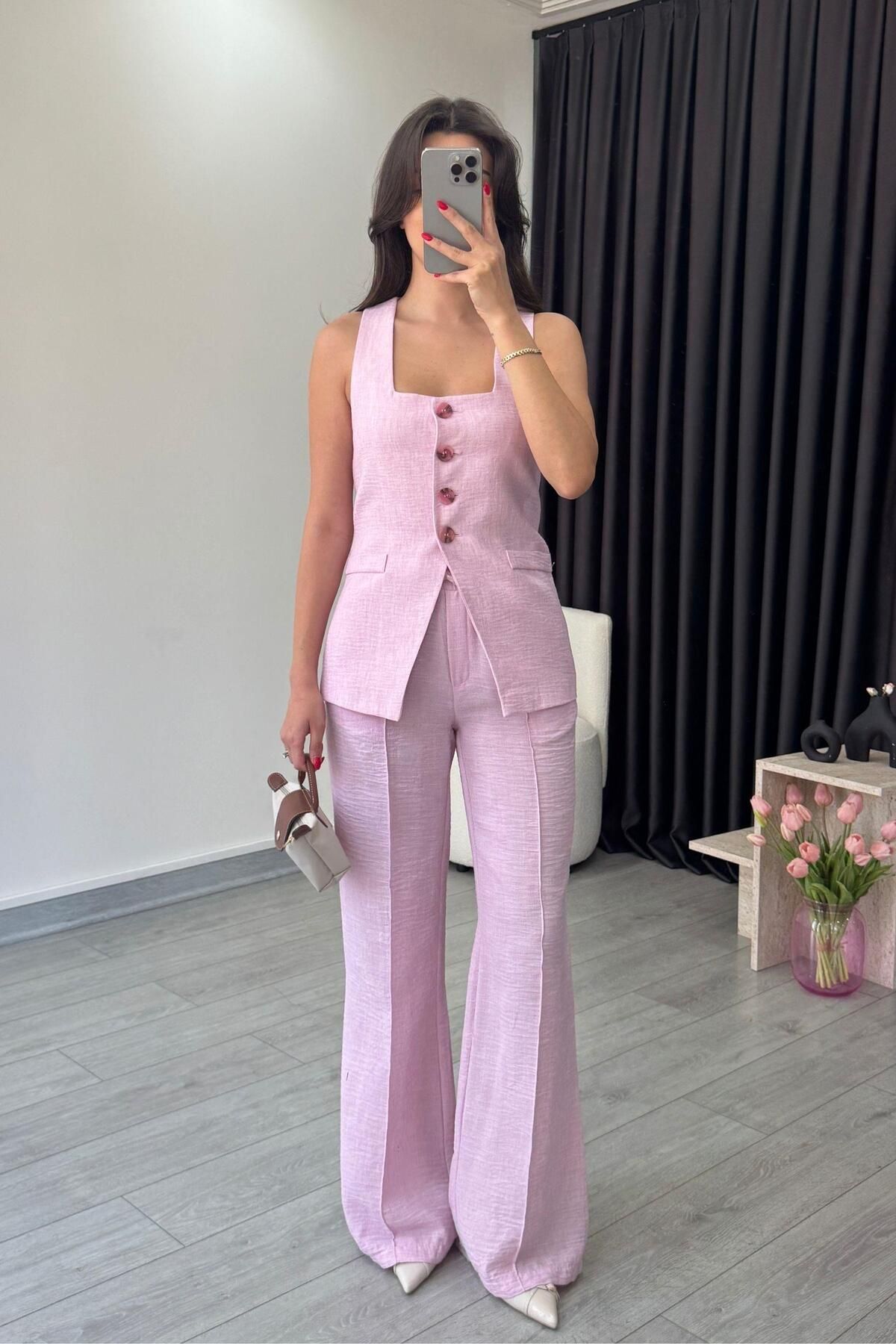 ECEMİ Pavi Pembe Yelek Pantolon Takım