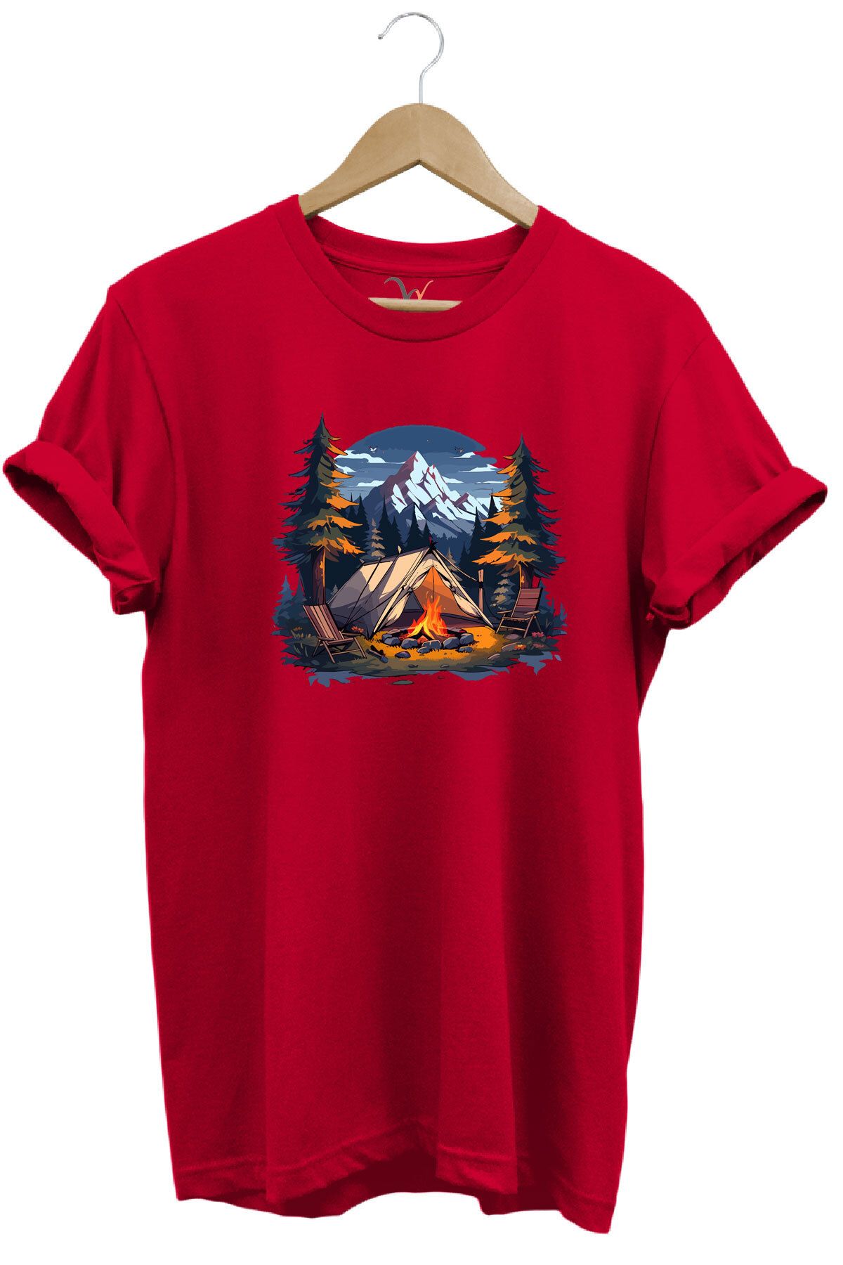 WİDİ Yazlık Kamp Doğa Çadır ve Dağ Baskılı %100 Pamuk Regular Fit Bisiklet Yaka T-shirt