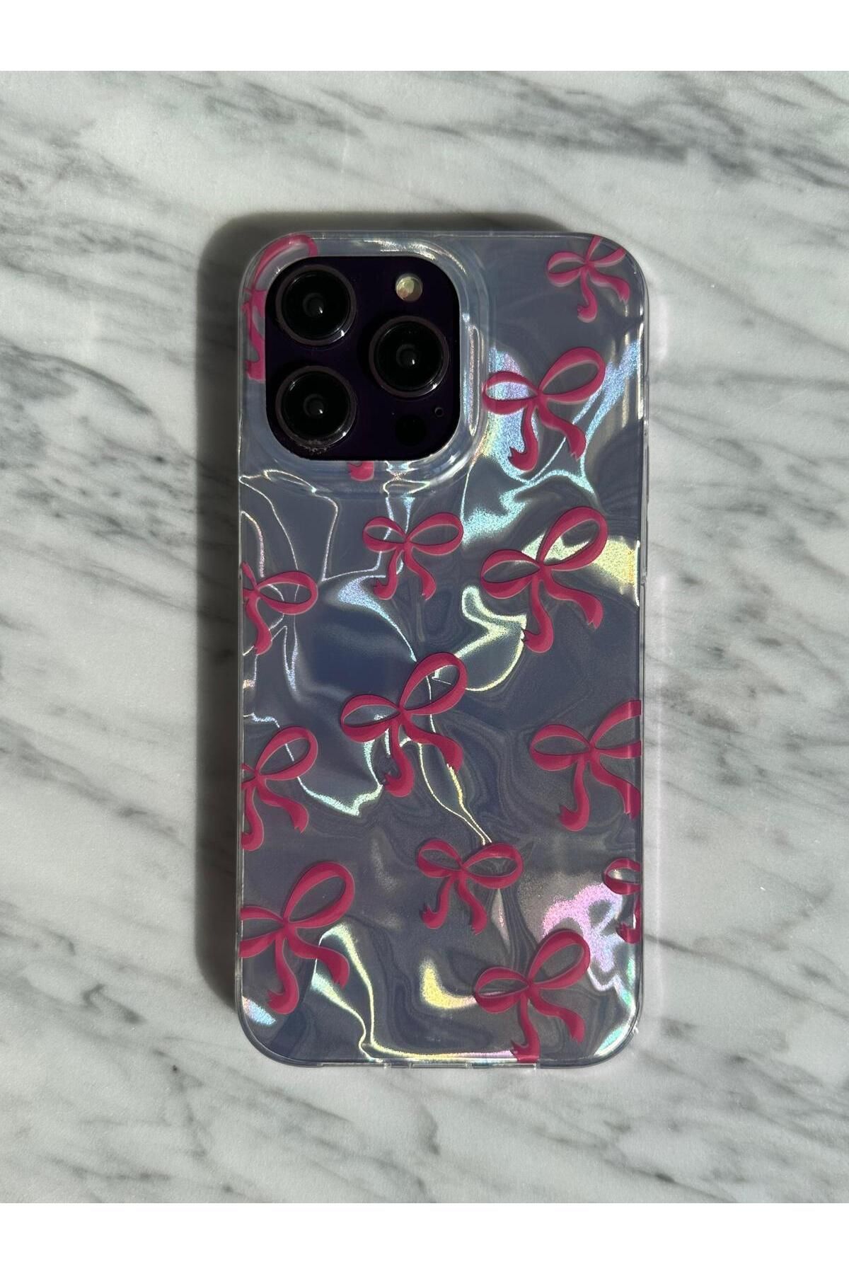 soonaksesuar iPhone 12 Holografik Fiyonk Desenli Şeffaf Telefon Kılıfı – Renkli Parlak Tasarım