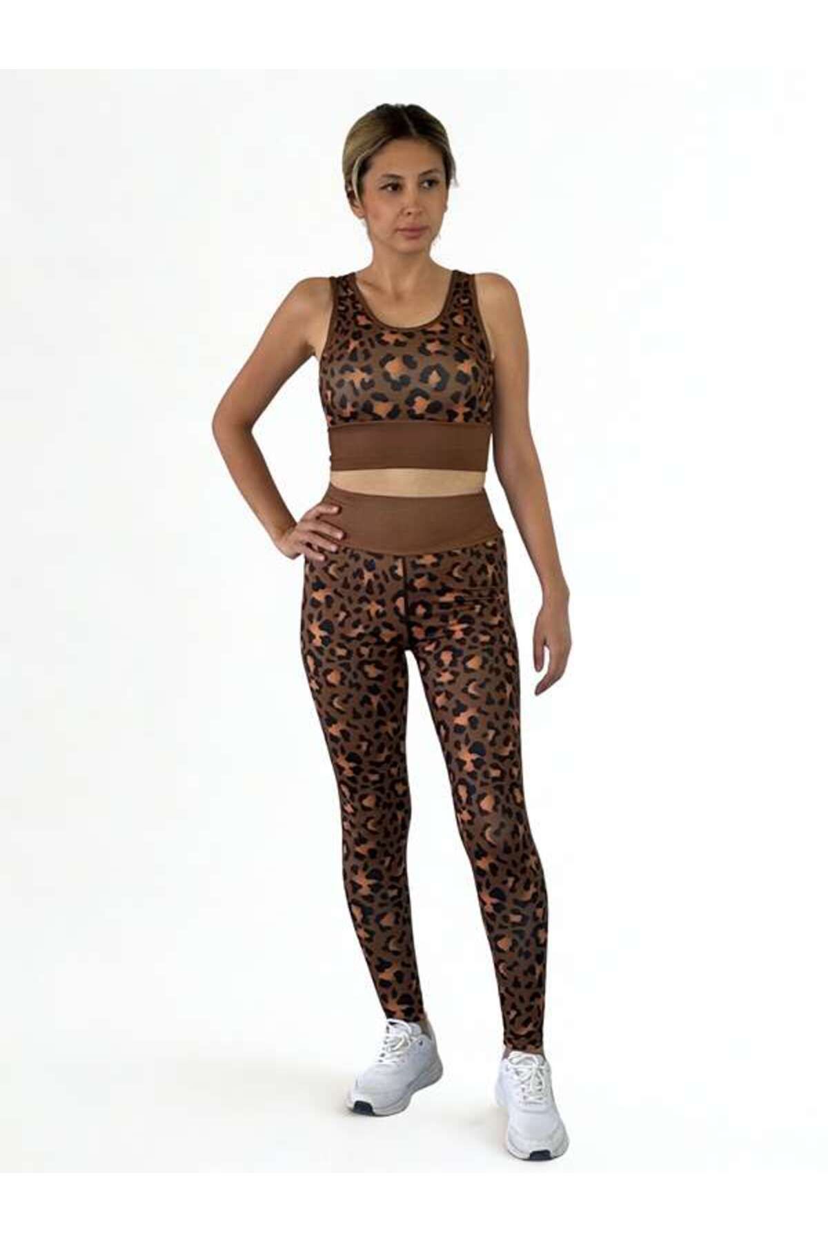 TREE TONE 3D Baskılı Özel Tasarım Premium Kalite Crop ve Yüksek Bel Tayt LEOPARTakım