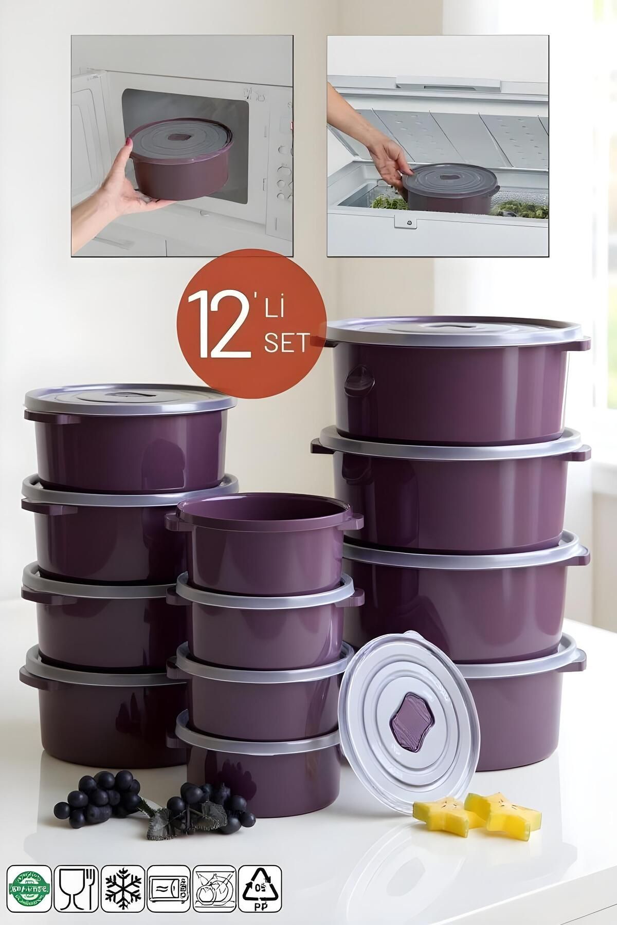 Justyol Mürdüm 12’li Yuvarlak Saklama Kabı Seti 0,5L 1L 2L – Mikrodalga ve Dondurucu Uyumlu