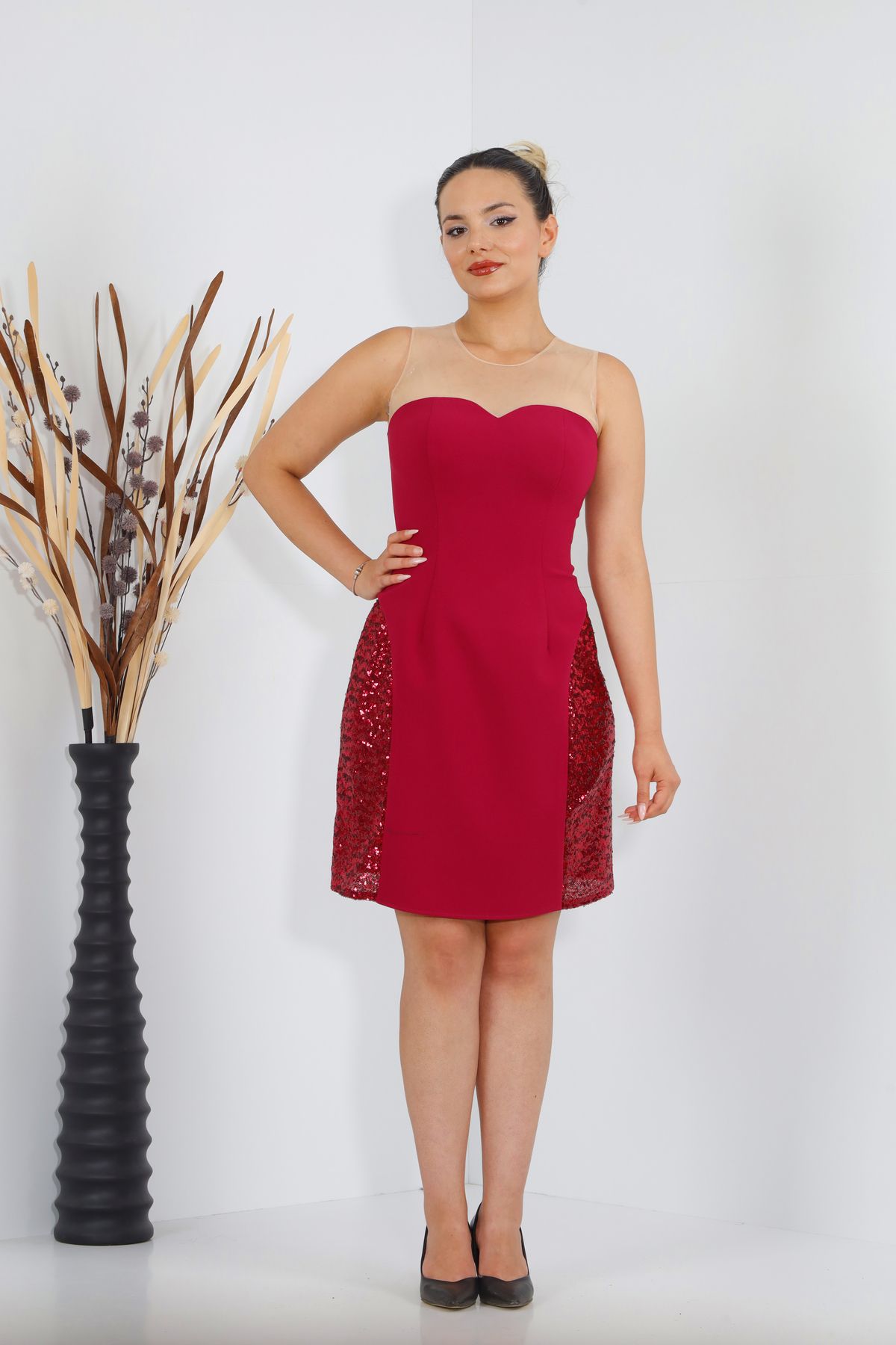 JEWEL DRESS STRAPLEZ PULLU MİNİ KREP ABİYE