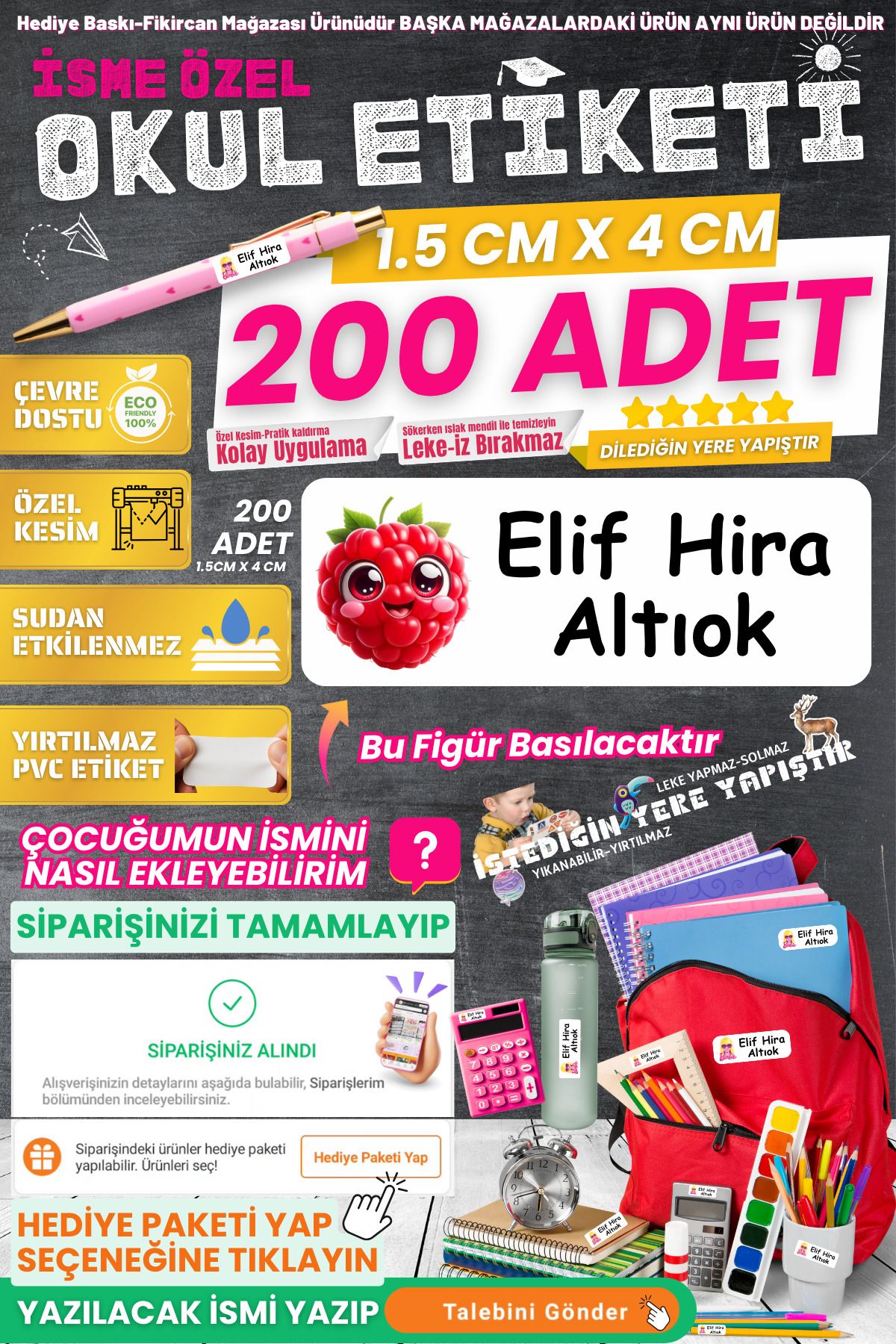 FİKİRCAN Fikircan-İsme Özel Okul Etiketi-SEVİMLİ AHUDUDU 200 Adet - Kokusuz Ekolojik Mürekkep PVC ETİKET