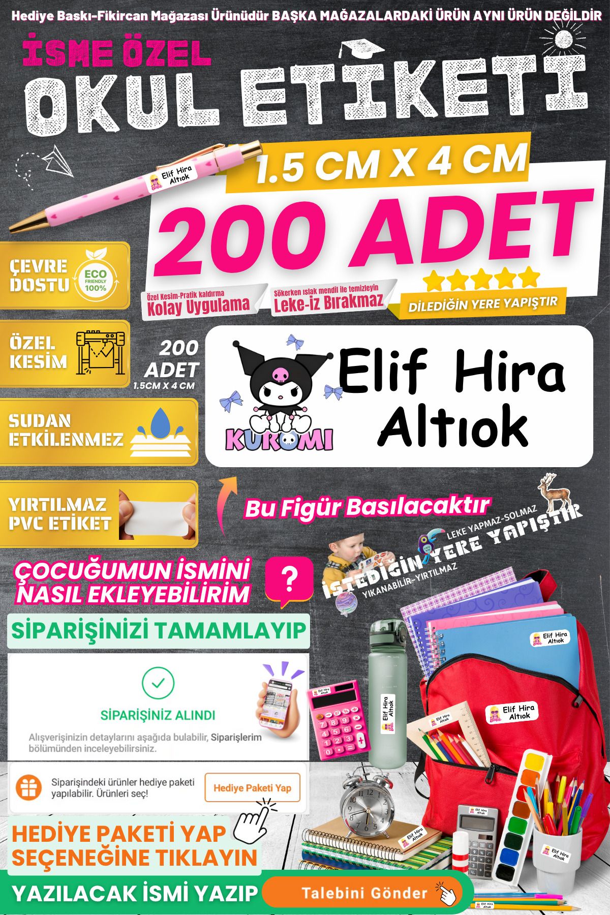 FİKİRCAN Fikircan-İsme Özel Okul Etiketi-KUROMİ YENİ 200 Adet - Kokusuz Ekolojik Mürekkep PVC ETİKET