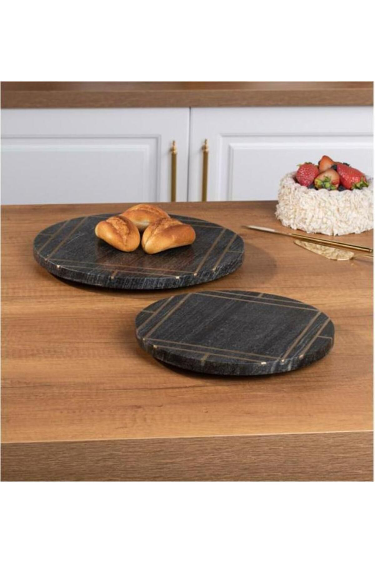 Invee SİYAH RENK 2Lİ YUVARLAK MERMER SUNUMLUK SETİ 25 CM & 30 CM