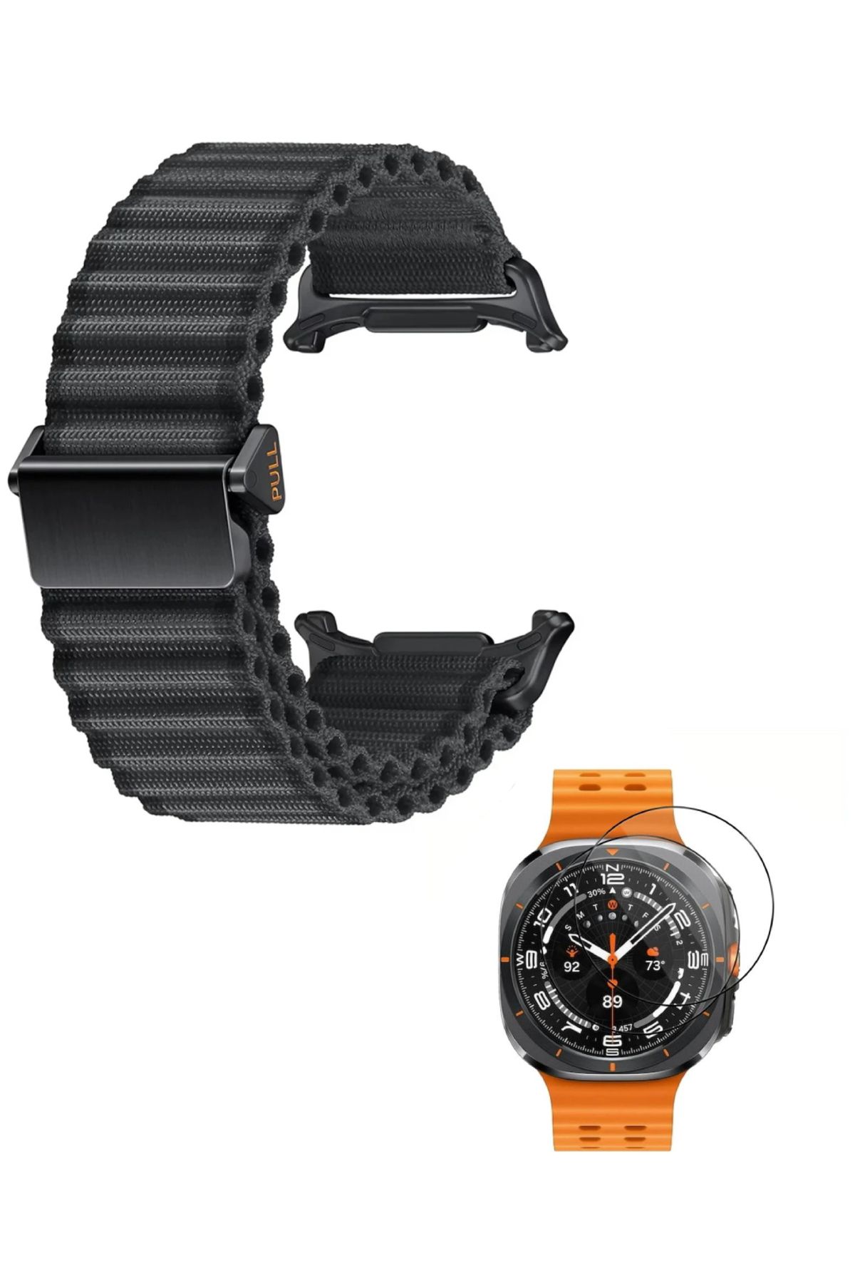 NANOSPACE Samsung Galaxy Watch Ultra İle Uyumlu Kumaş Tokalı Hasır Kordon Kayış Ve 3D Ekran Koruyucu Hediye