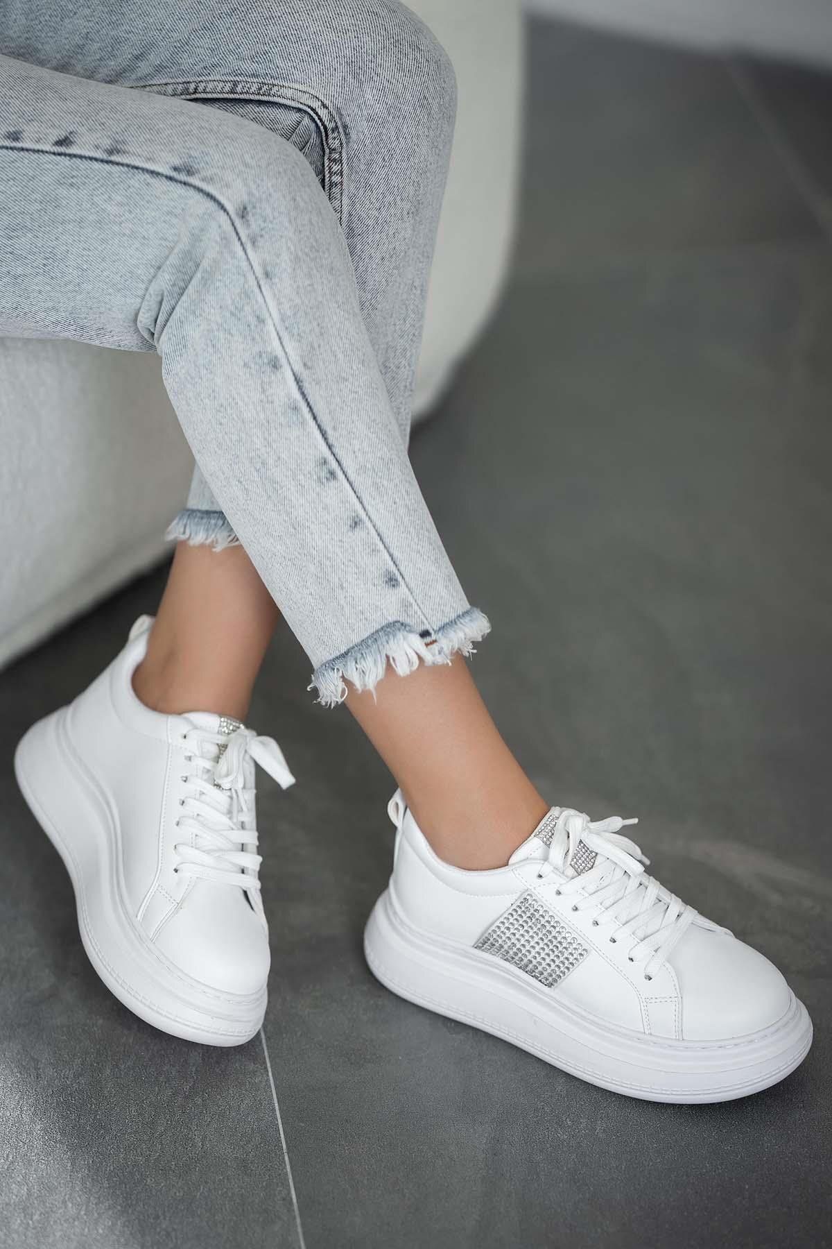 Parponi Lima Kadın Taşlı Deri Sneakers Beyaz