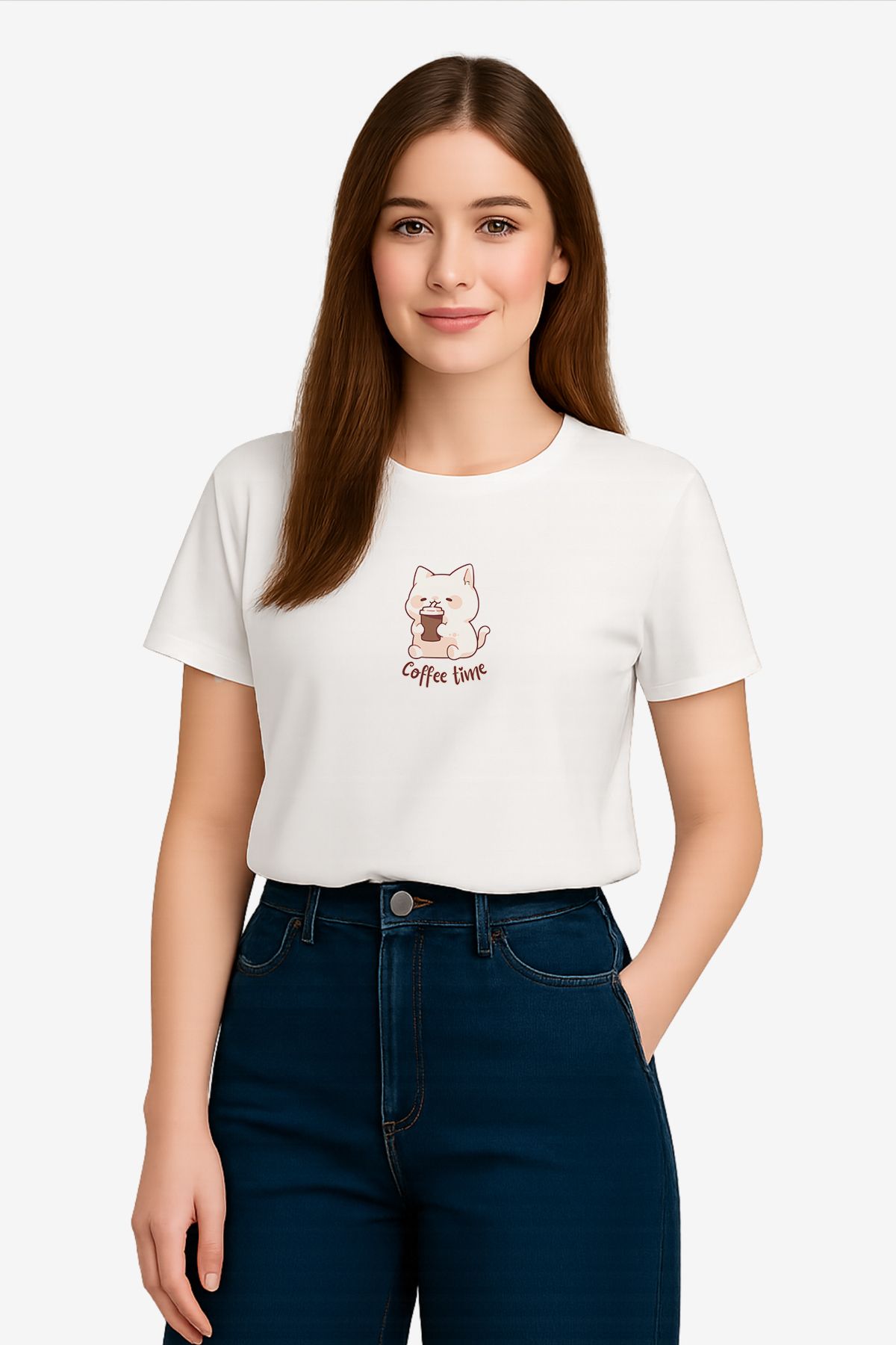 FANA Kadın Beyaz Tişört Minimal Kedi Kahve Baskılı Yazlık T-shirt