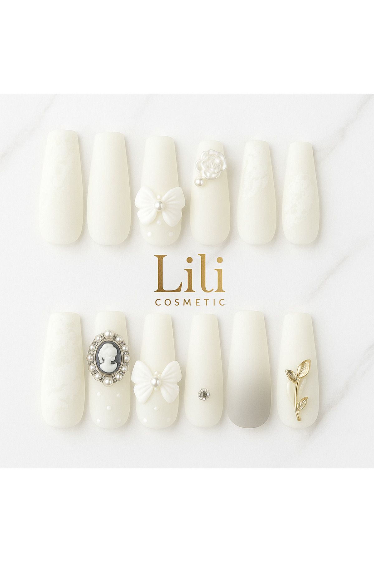 Lili Cosmetic Lüx Taşlı 5D Beyaz Mat Gelinlik ile Uyumlu Takma Tırnak Kendinden Yapışkanlı 12li