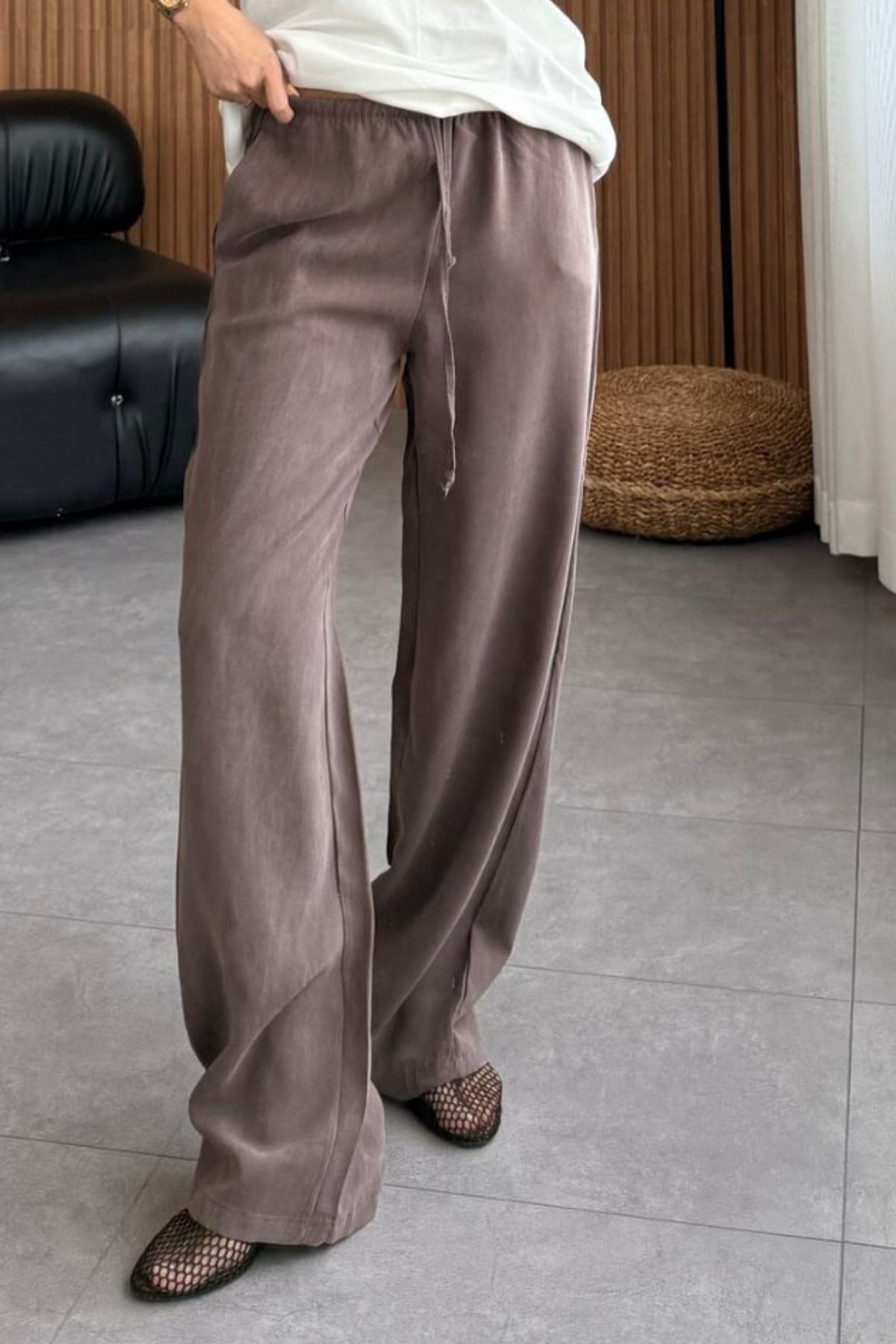 adba style Bağcıklı Beli Lastikli Yıkamalı Modal Dokuma Palazzo Kadın Pantolon 4016