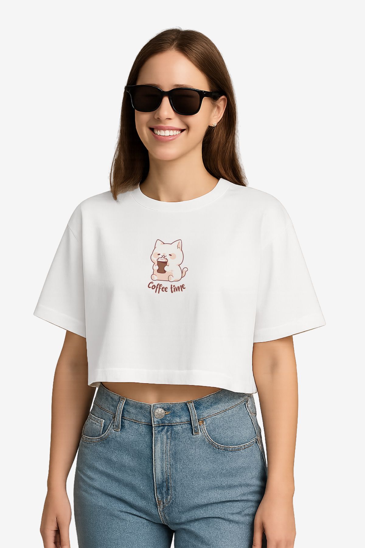 FANA Kadın Beyaz Tişört Minimal Kedi Kahve Baskılı Yazlık Semi Crop T-shirt