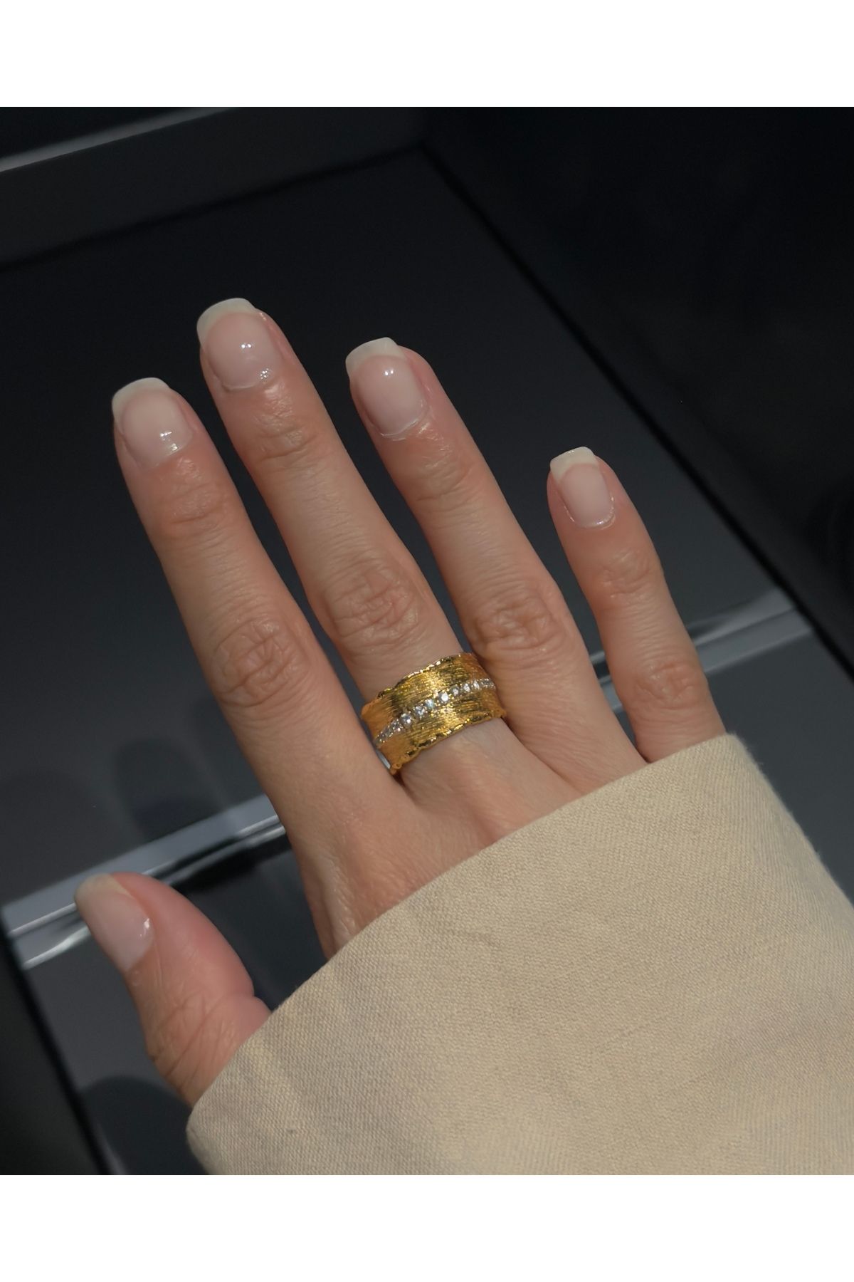 kems jewels Tasarım Model Zirkon Taşlı Altın Kaplama Ayarlanabilir Çelik Yüzük