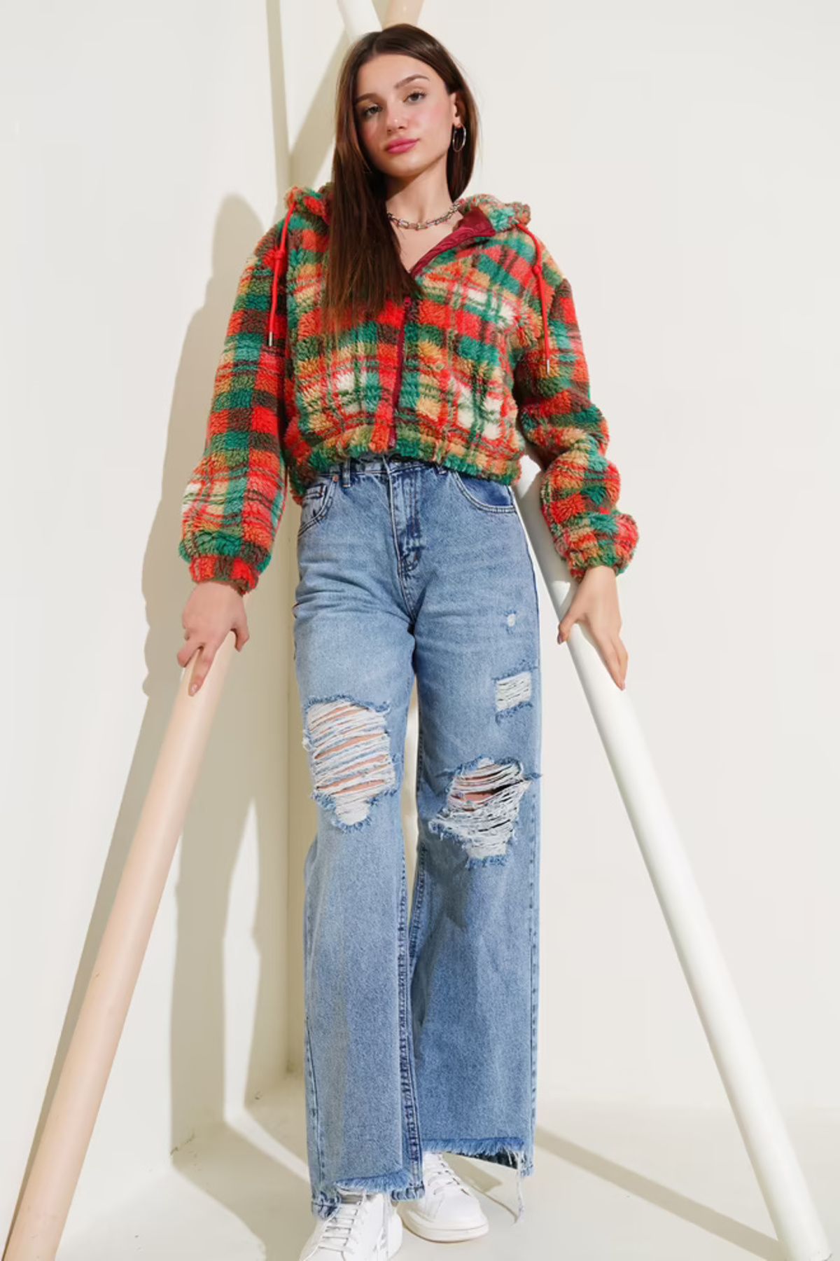 Bare & Bold Kapüşonlu Peluş Crop Ceket