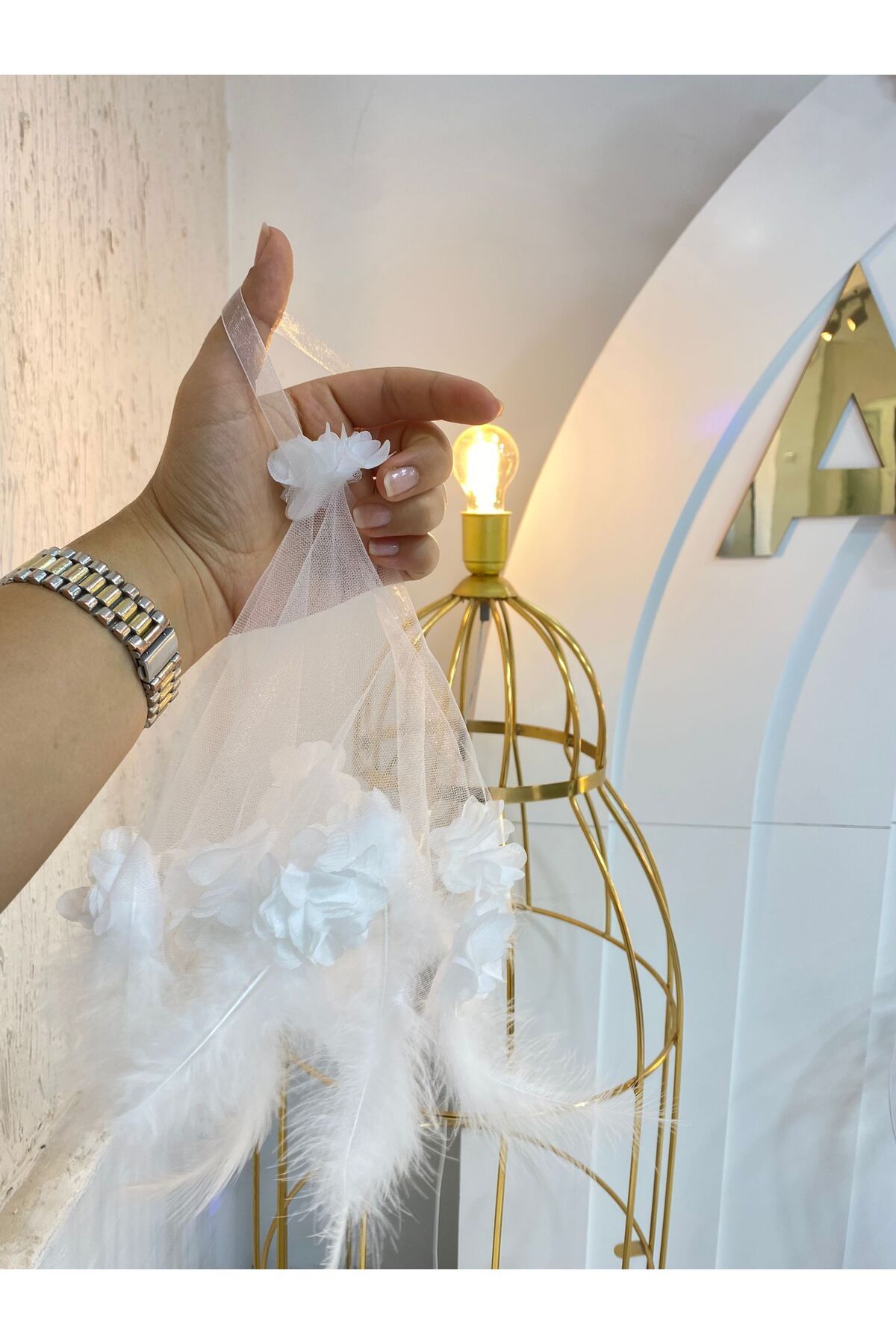 SİON Butik & Event Beyaz Tüylü Gelin Halay Mendili , Kına Düğün Nişan İçin Şık Aksesuar Mendil