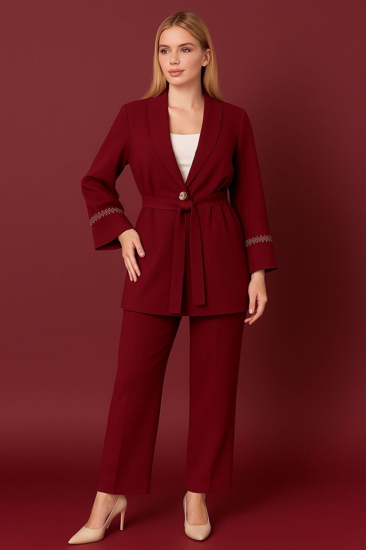 MC Boutique Kol Taşlı Double Bordo Kadın Takım