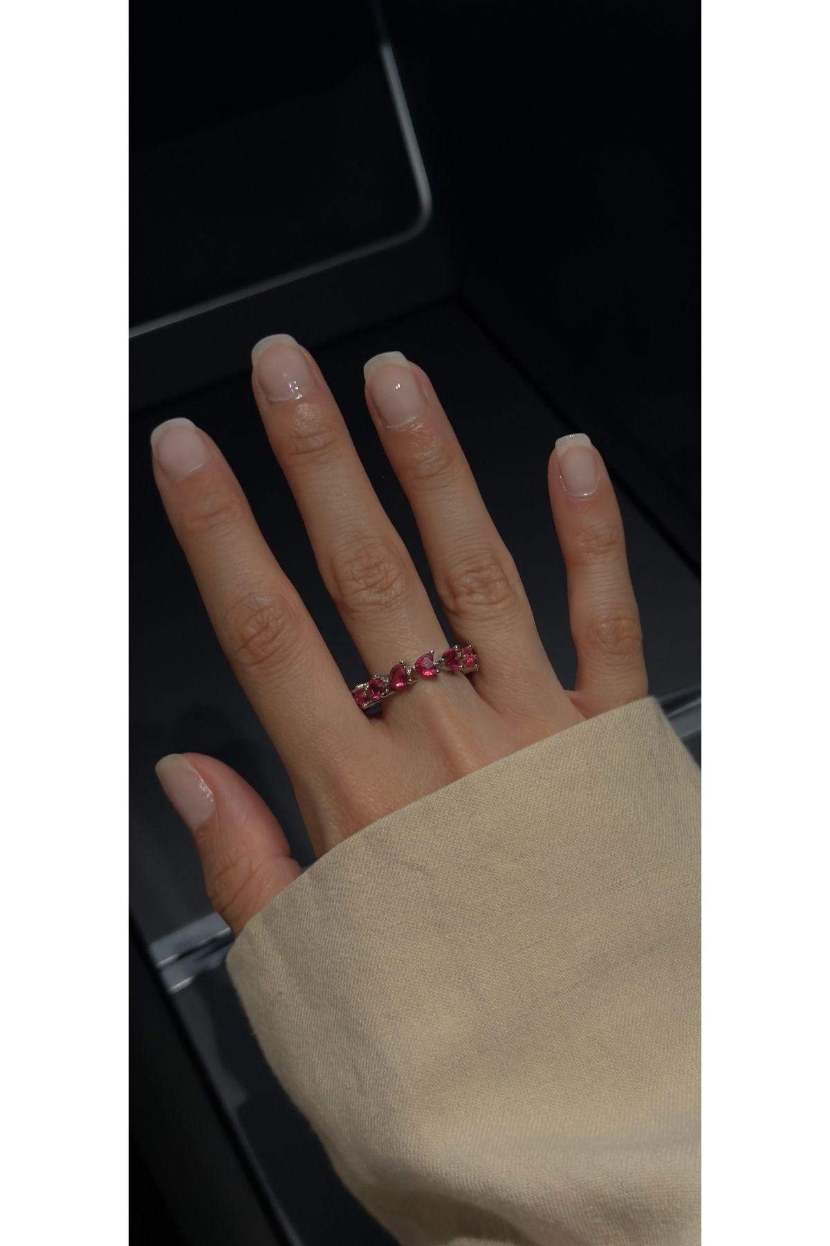 kems jewels Kalp Model Pembe Zirkon Taşlı Gümüş Kaplama Ayarlanabilir Çelik Yüzük