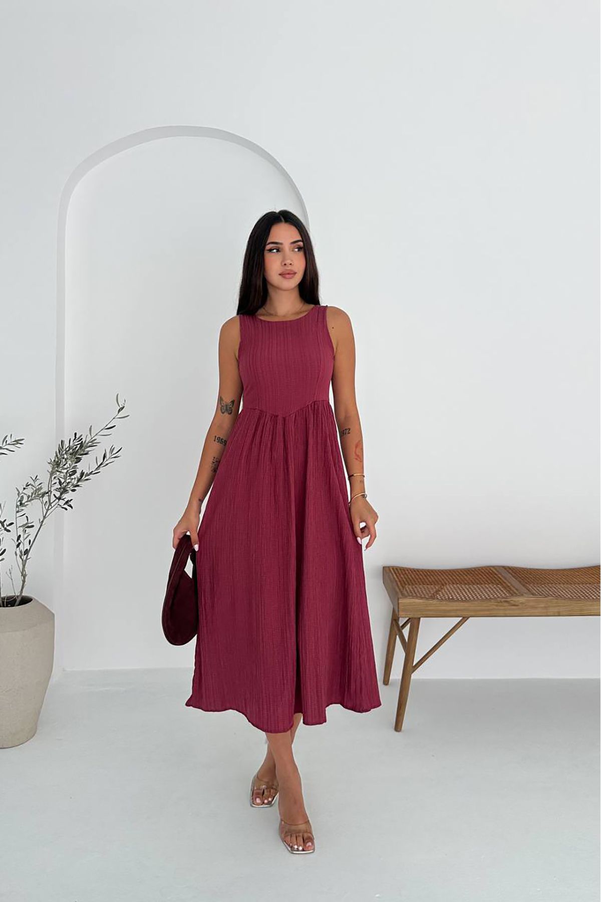 Neşeli Butik kadın bordo kalın askılı rahat kesim yazlık elbise NBK059