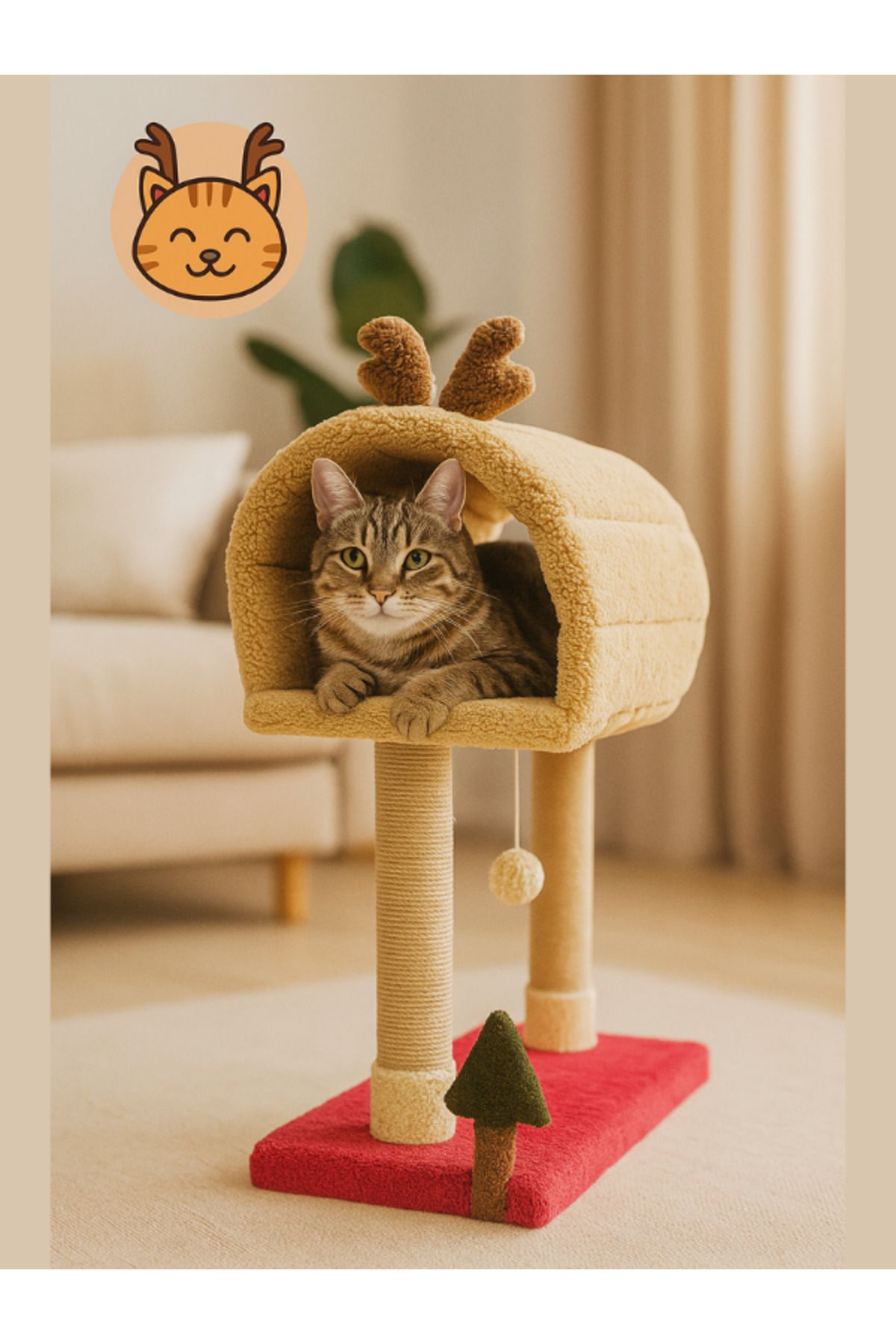 Komano Pontika-Cat Scratching Post and Cat Bed |   Deer Themed |   With Bell and Playground |   Soft and Comfortable 1