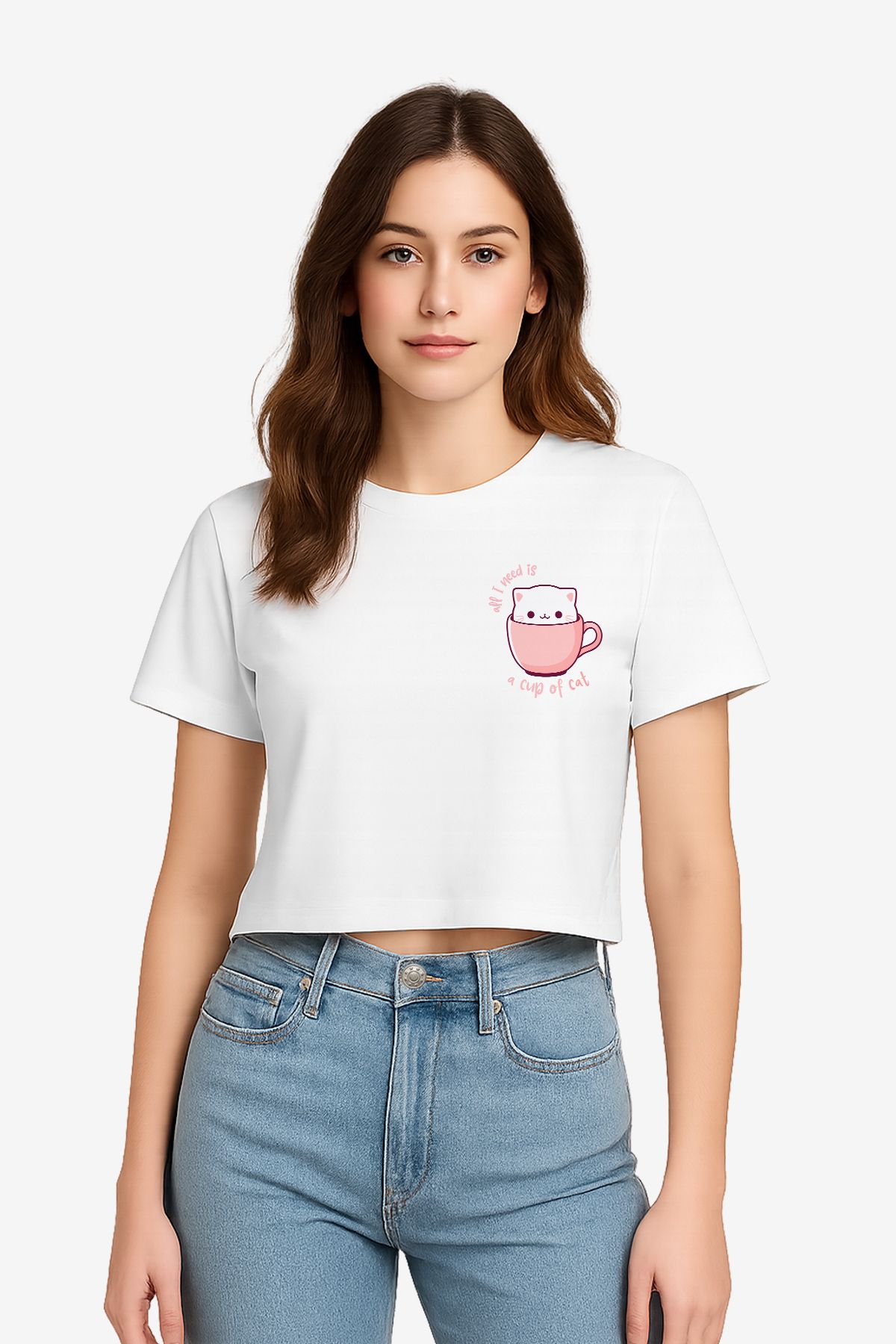 FANA Kadın Beyaz Tişört Renkli Kedi Fincan Baskılı Yazlık Kısa T-shirt