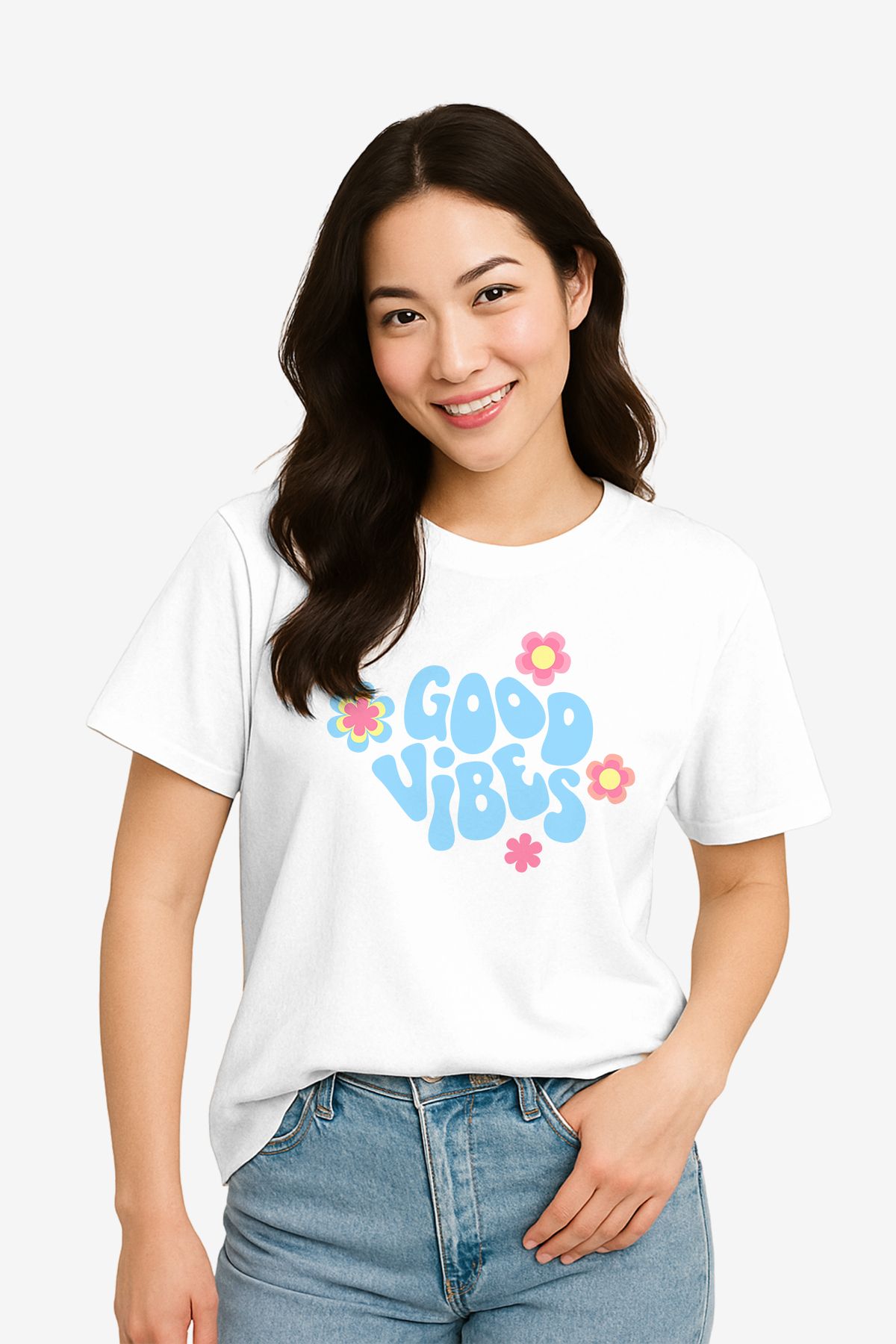 FANA Kadın Beyaz Tişört Renkli Retro Slogan Baskılı T-shirt