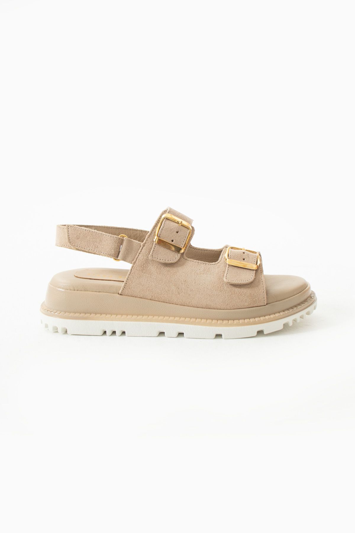 Siena Shoes Cosmic Kadın Tokalı Hakiki Deri Sandalet Bej Süet