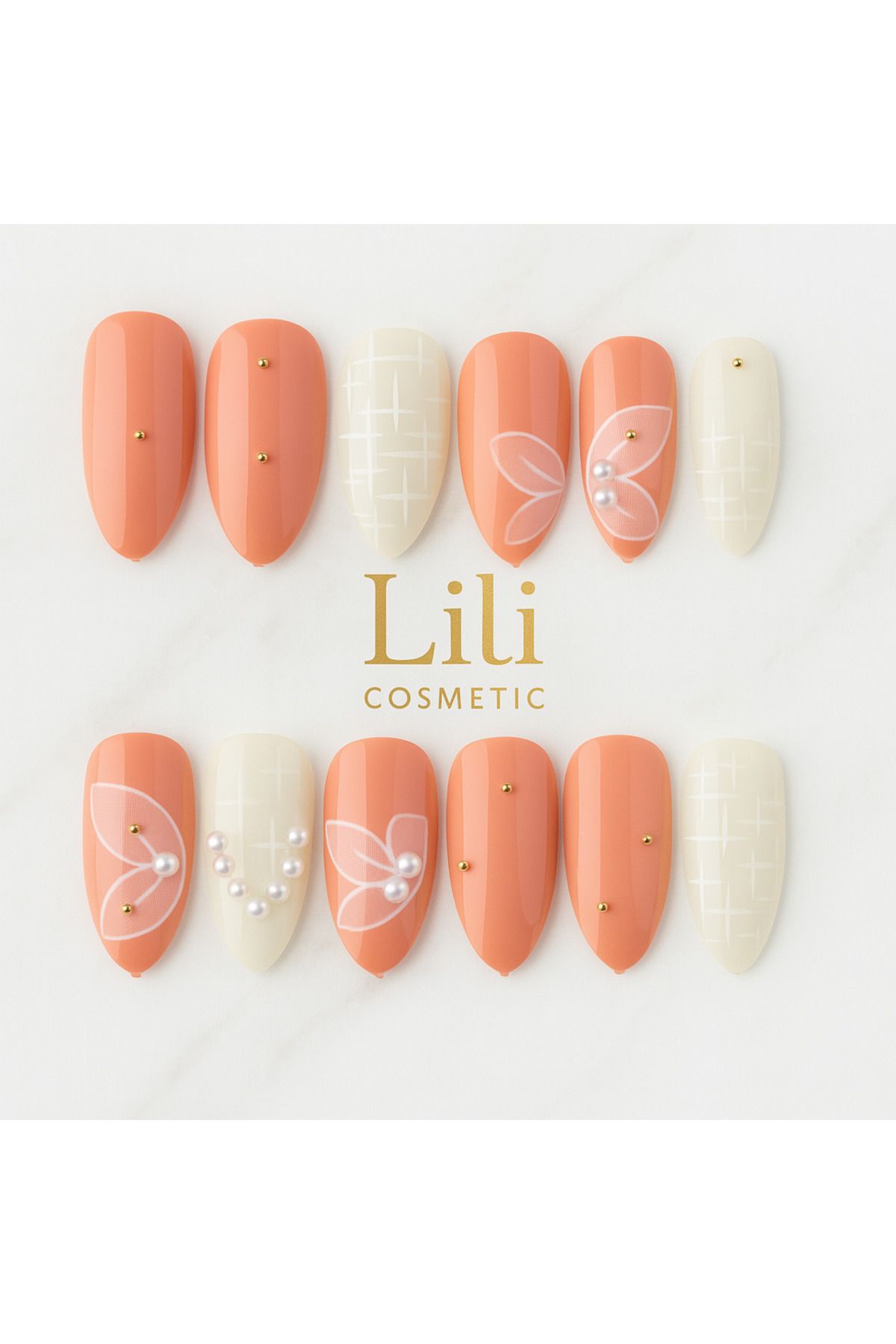 Lili Cosmetic Lüx Taşlı 5D Çiçek Desenli Beyaz Yavru Ağızı Takma Tırnak Kendinden Yapışkanlı 12li