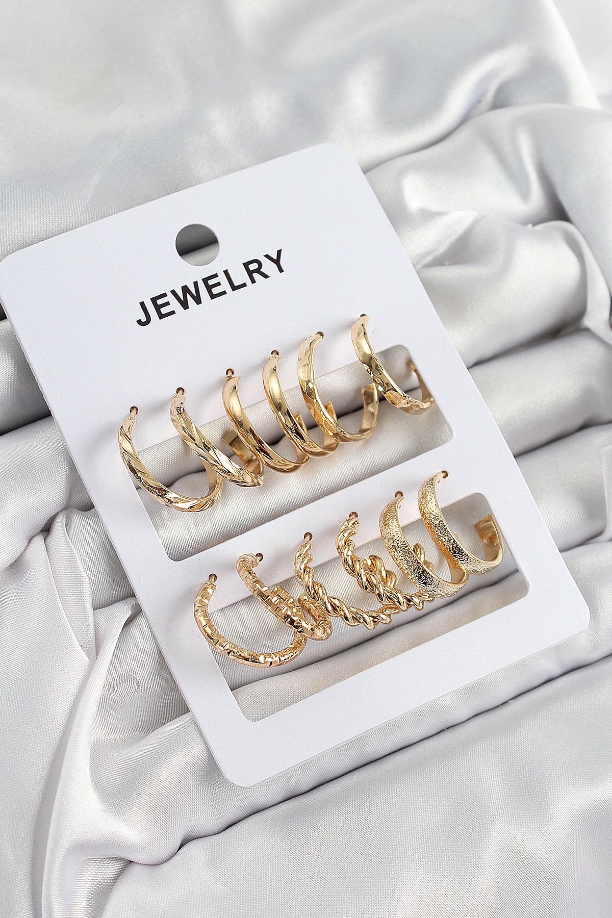 AfraBeauty 925 Ayar Paslanmaz Çelik 6'lı Karışık Halka Gold Kadın Küpe Seti