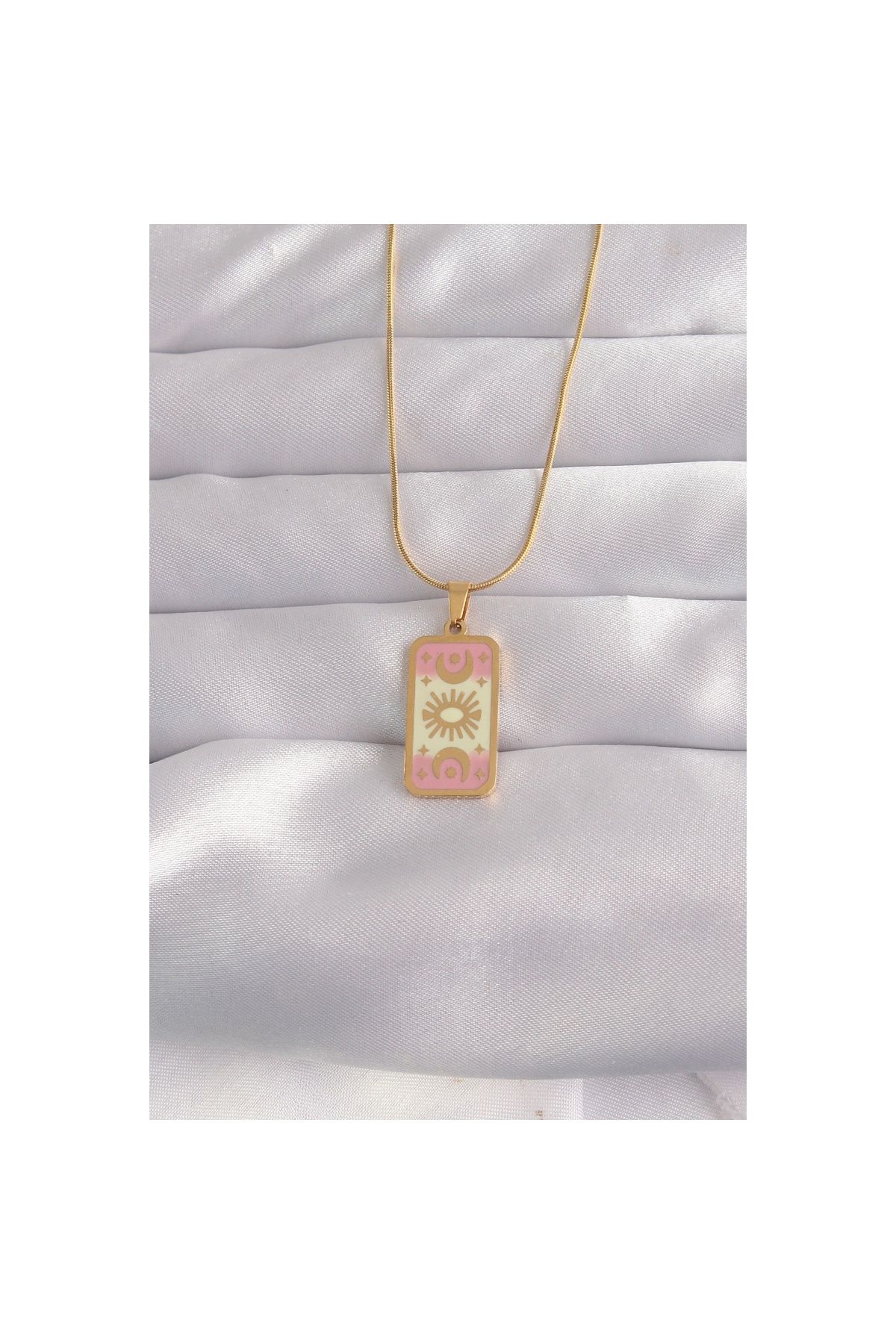 maarketim 316L Çelik Gold Renk Karışık Mineli Ay Figür Tarot Kolye