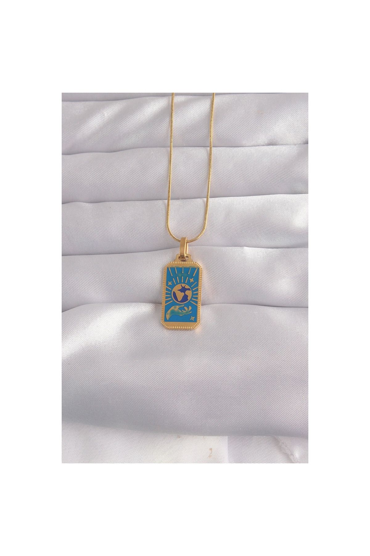 maarketim 316L Çelik Gold Renk Mavi Mineli El Figür Tarot Kolye