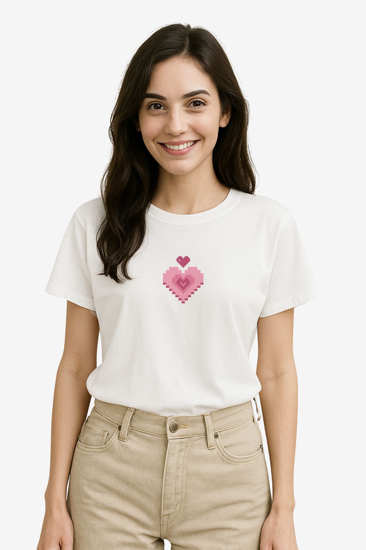 FANA Kadın Beyaz Tişört Minimal Retro Kalp Baskılı Yazlık T-shirt