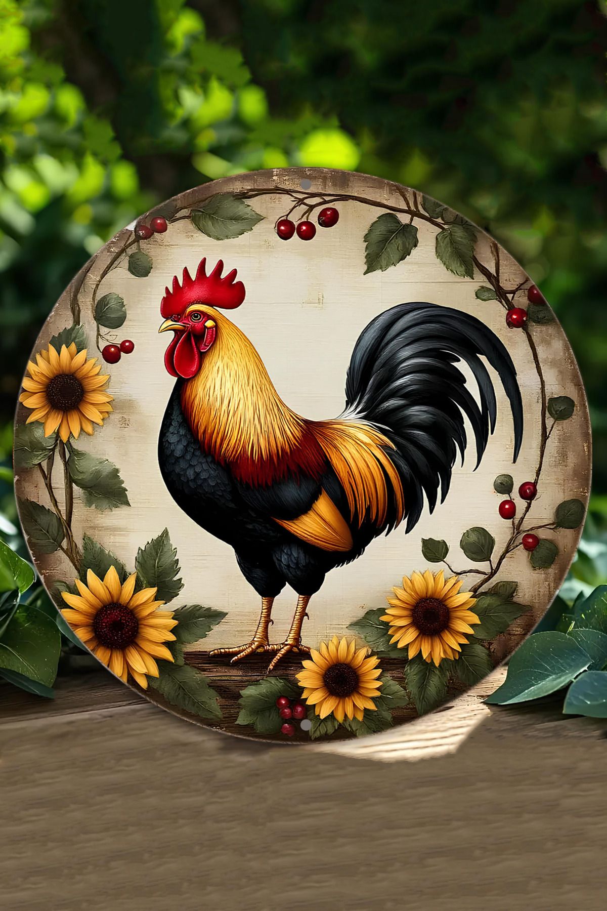kutuTR 🌻 Ayçiçekli Horoz Temalı Dekoratif MDF Duvar Süsü – 20 cm DT018