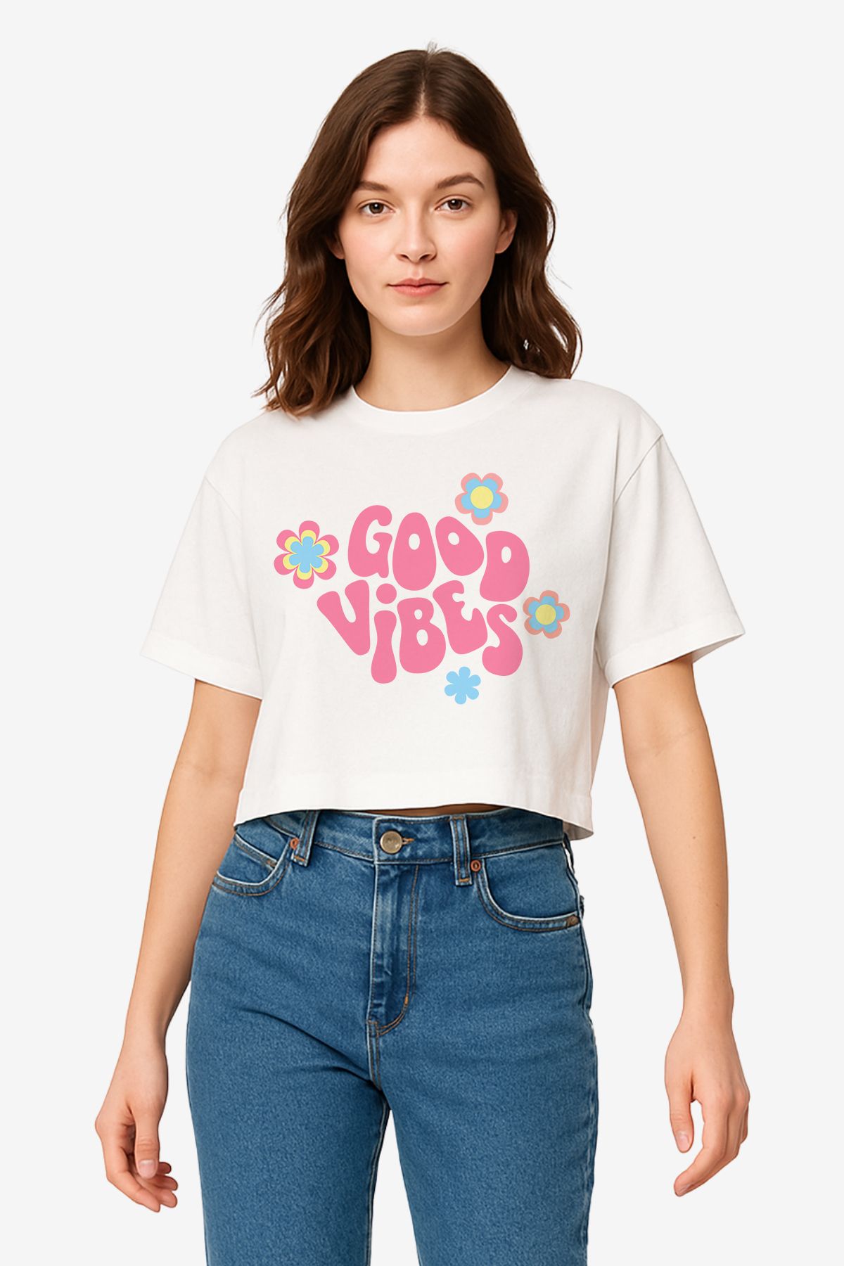 FANA Kadın Beyaz Tişört Renkli Retro Slogan Baskılı Oversize Kısa T-shirt