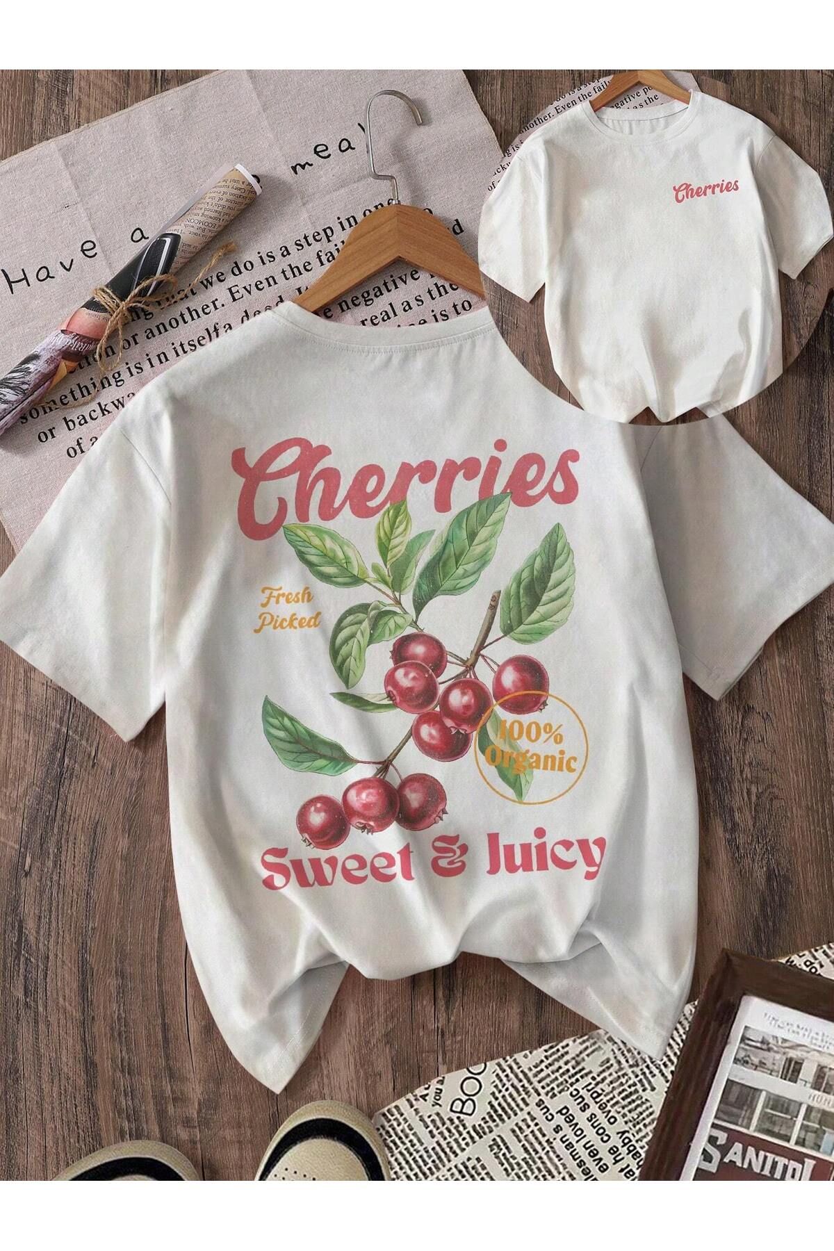 NAKRUF Kadın Cherries Baskı Tişört Beyaz %100 Pamuk