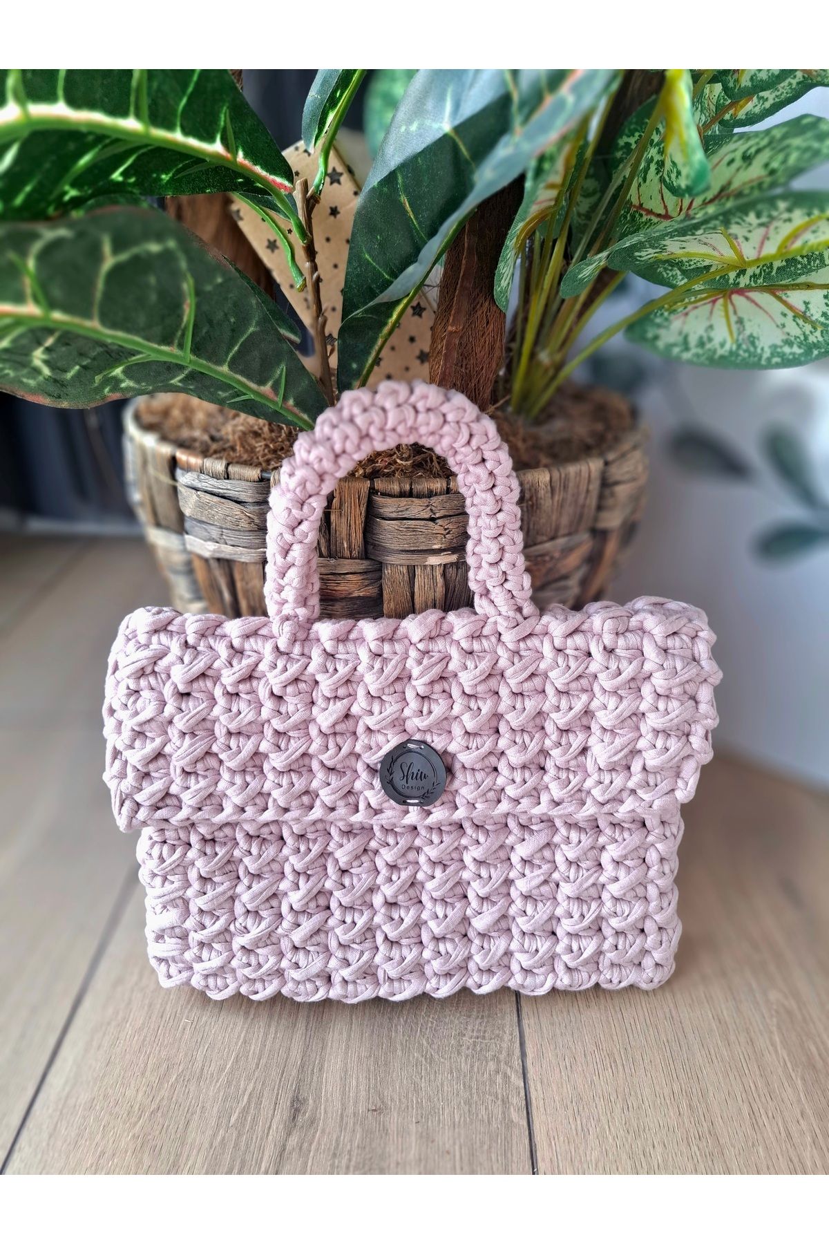 Shiw Design Pembe Penye İp Örgü Çanta El Çantası Hasır Çanta
