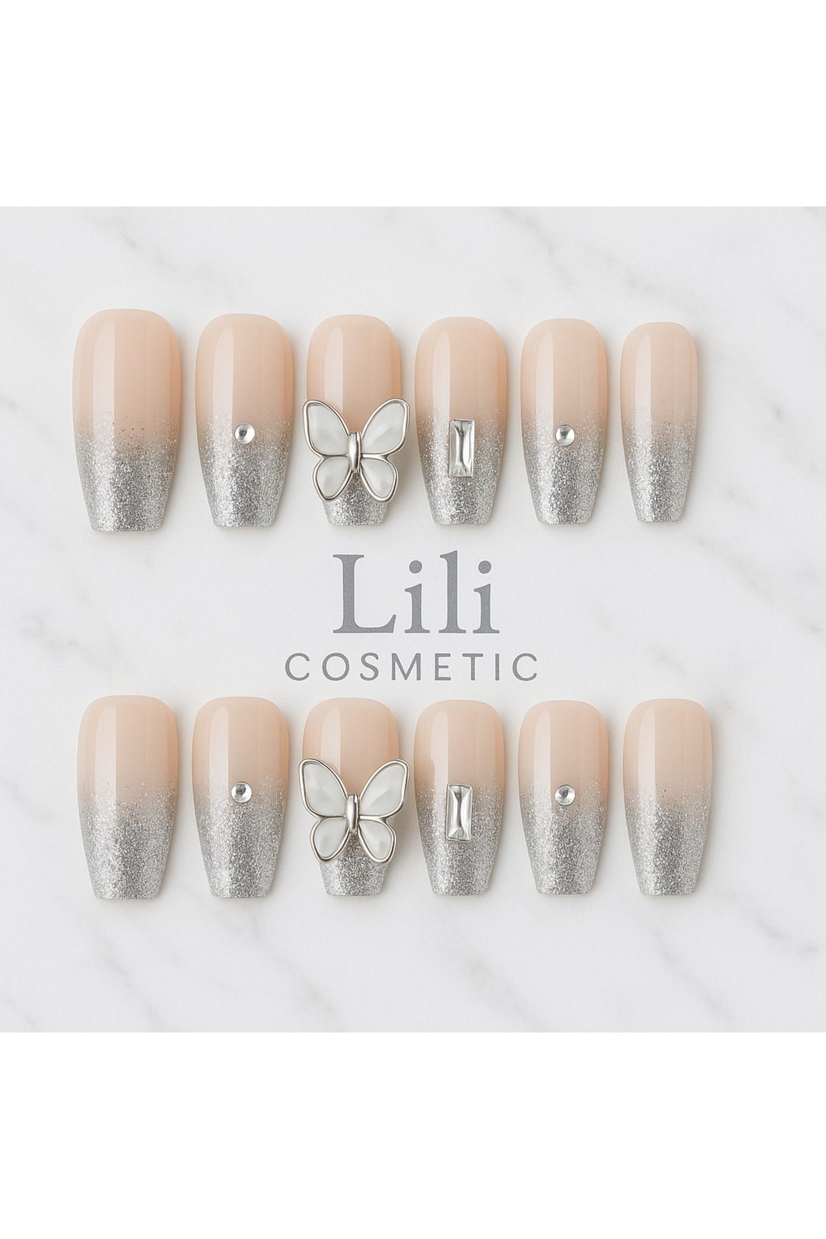 Lili Cosmetic Lüx Taşlı 5D Kelebek Motifli Gri Sim Uçlu Takma Tırnak Kendinden Yapışkanlı 12li