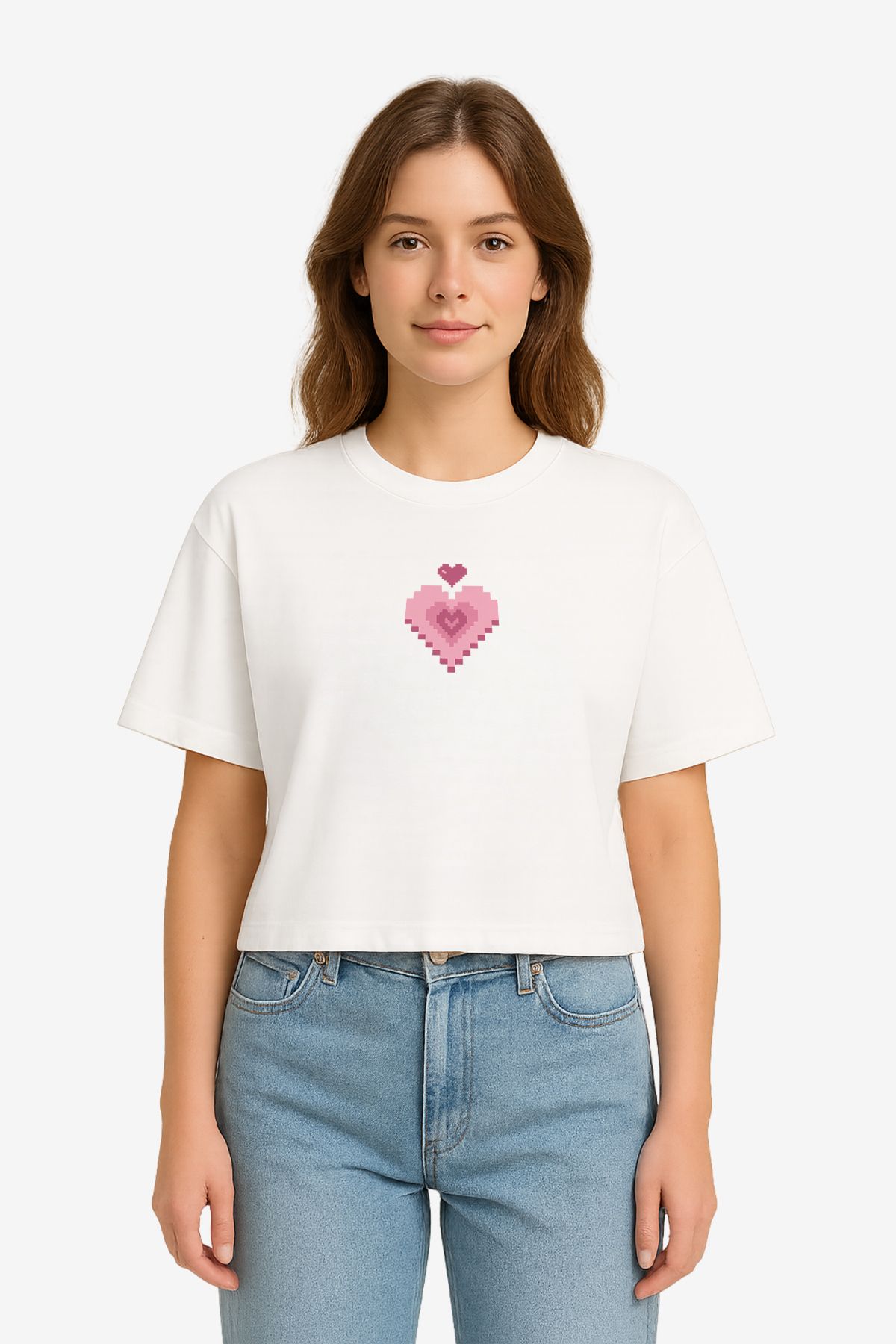 FANA Kadın Beyaz Tişört Minimal Retro Kalp Baskılı Yazlık Kısa T-shirt