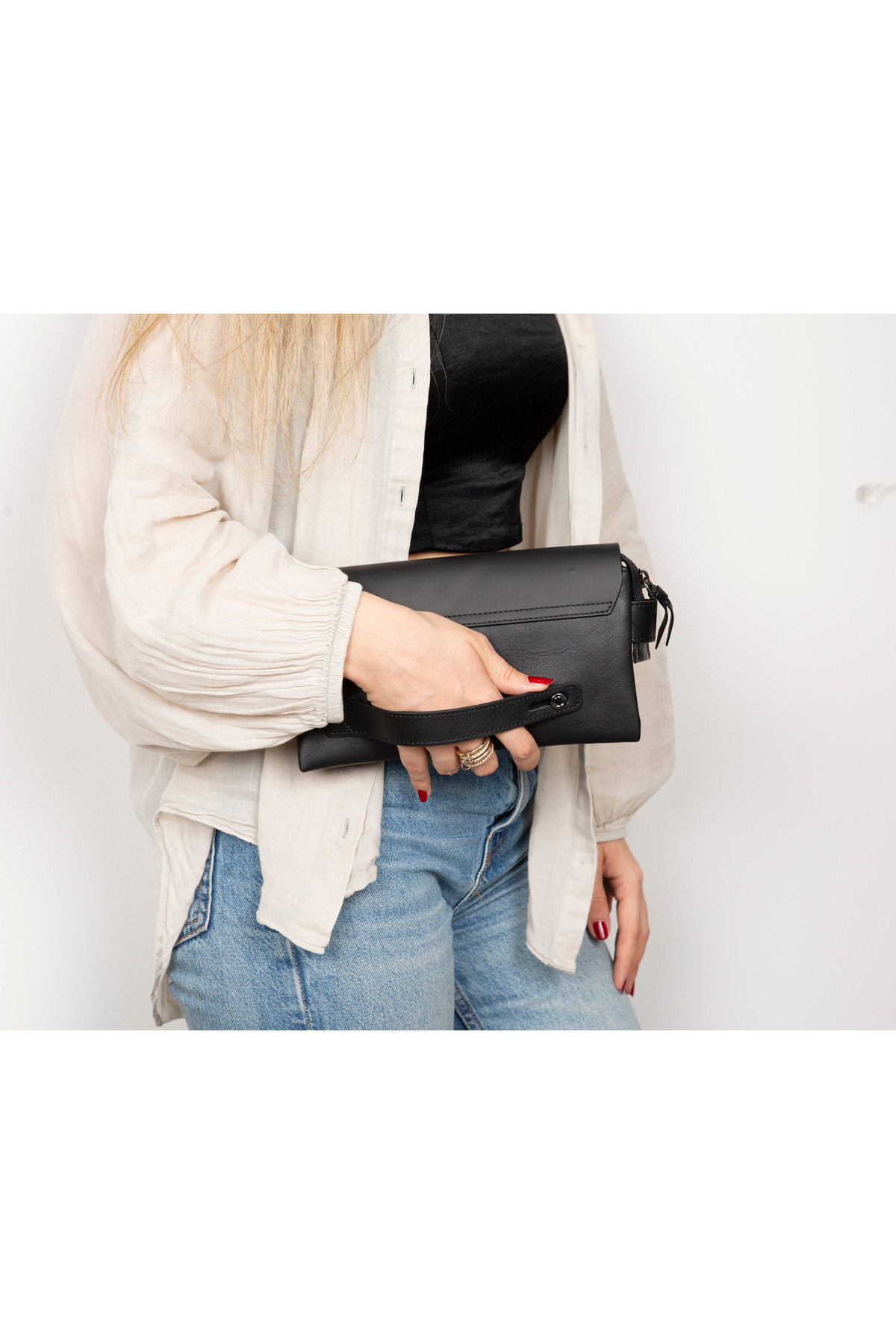 Lev Leather Hakiki Deri Bilek Askılı Telefon Bölmeli Mıknatıslı Kapaklı El Çantası görsel 6