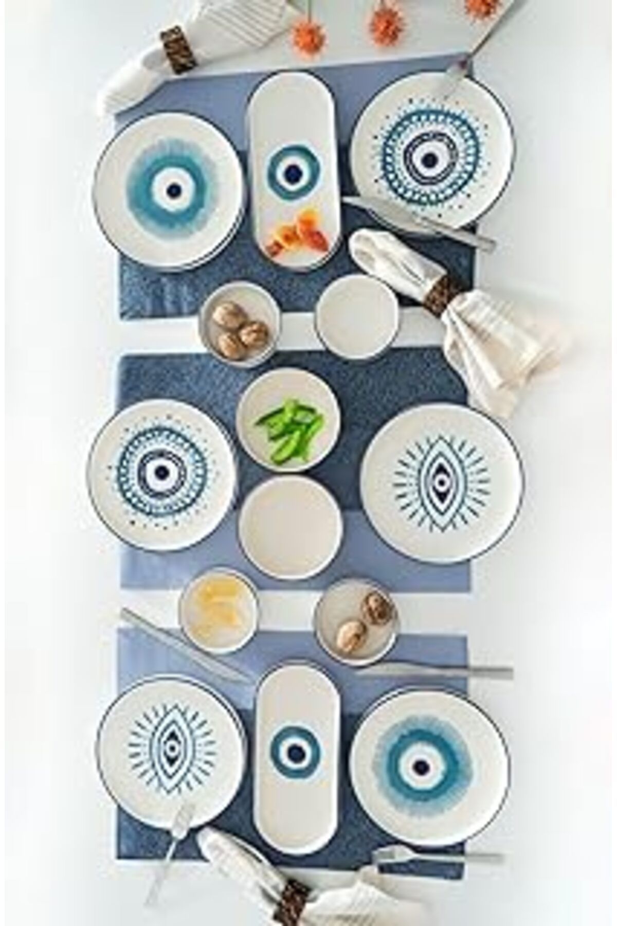 Mu Art Ahşap Kevin Seramik Hand Made 14 Parça 6 Kişilik Nazar Boncuklu Kahvaltı Takımı