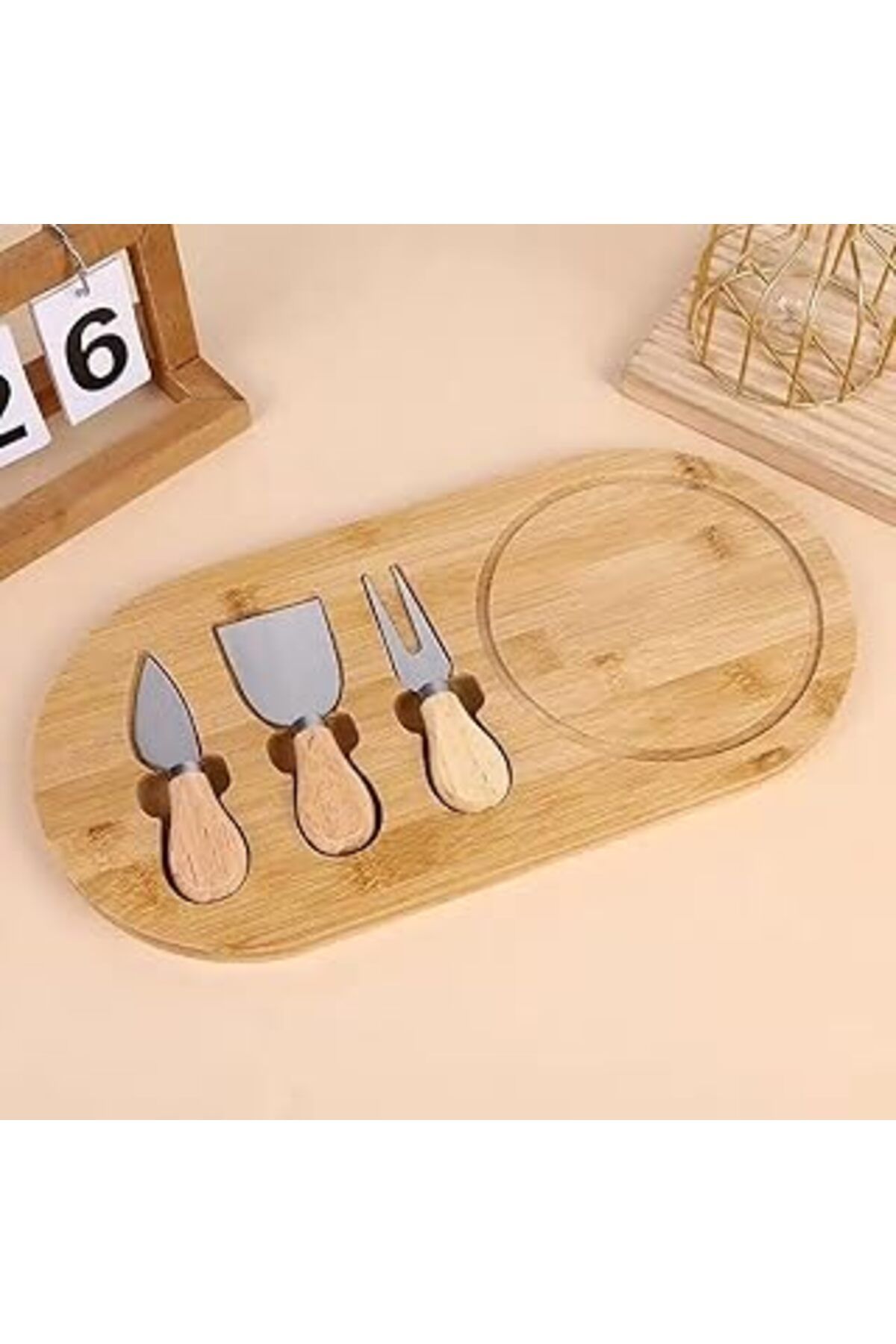 ASİTAN Promosyonca Bambu Peynir Sunum Tabağı, 3 Parça Peynir Bıçağı Ve Çatalı Seti, Toplam 4 Parça, Doğal