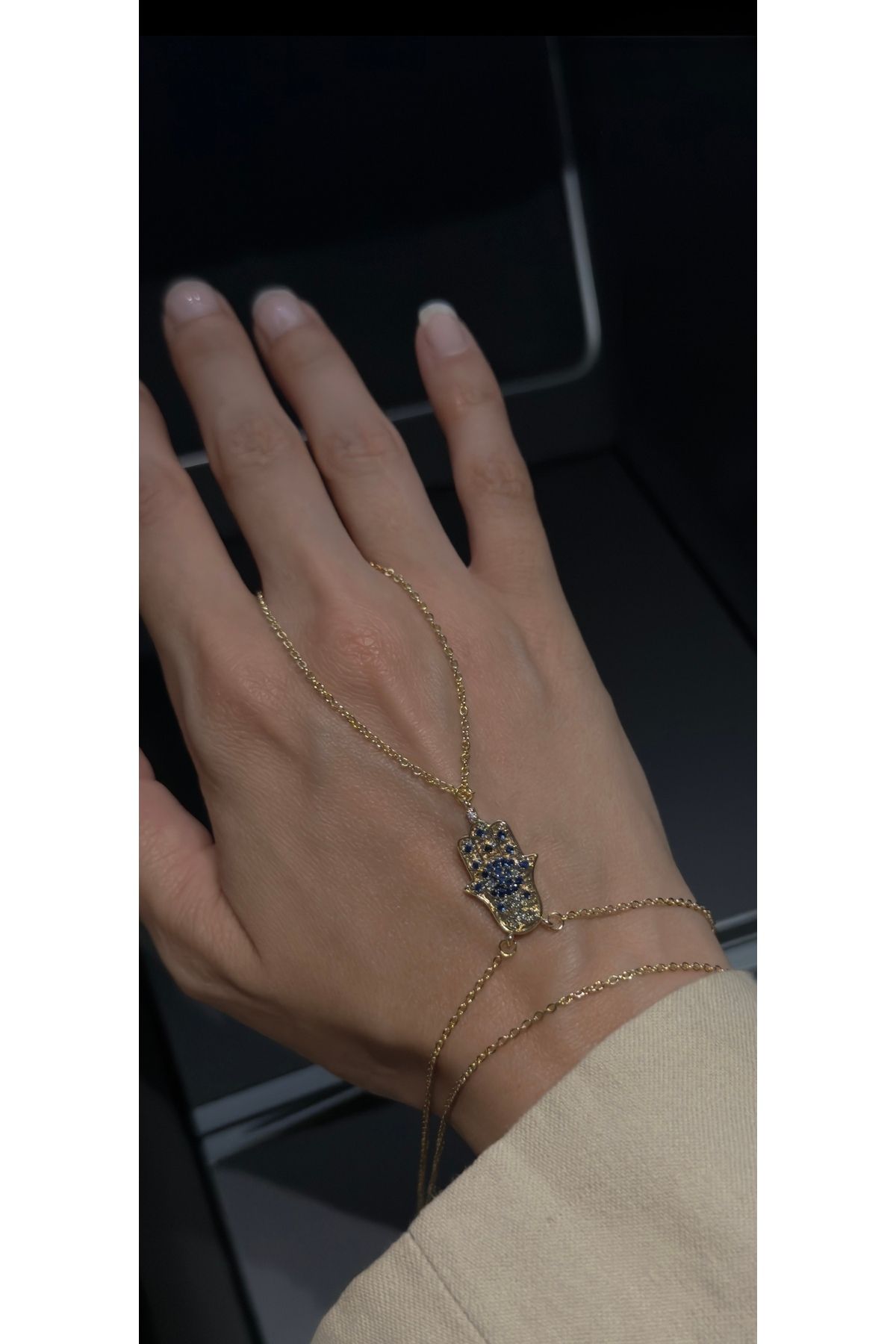 kems jewels Hamsa Fatma Ana Eli Model Zirkon Taşlı Altın Kaplama Çelik Şahmeran